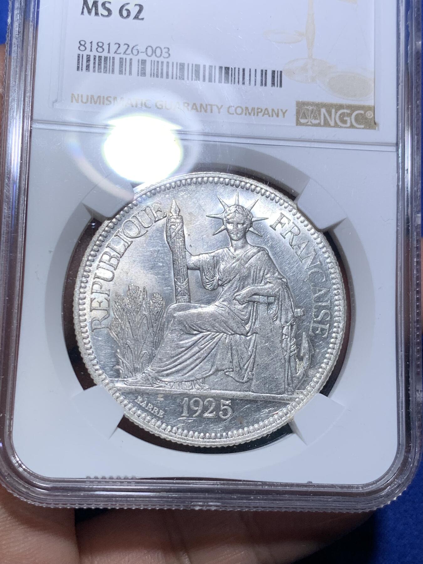 《竞宝斋》第285场- 周日，周一 2场连拍 （全场包邮） NGC MS62 法属印支1925年坐洋1皮阿斯特银币