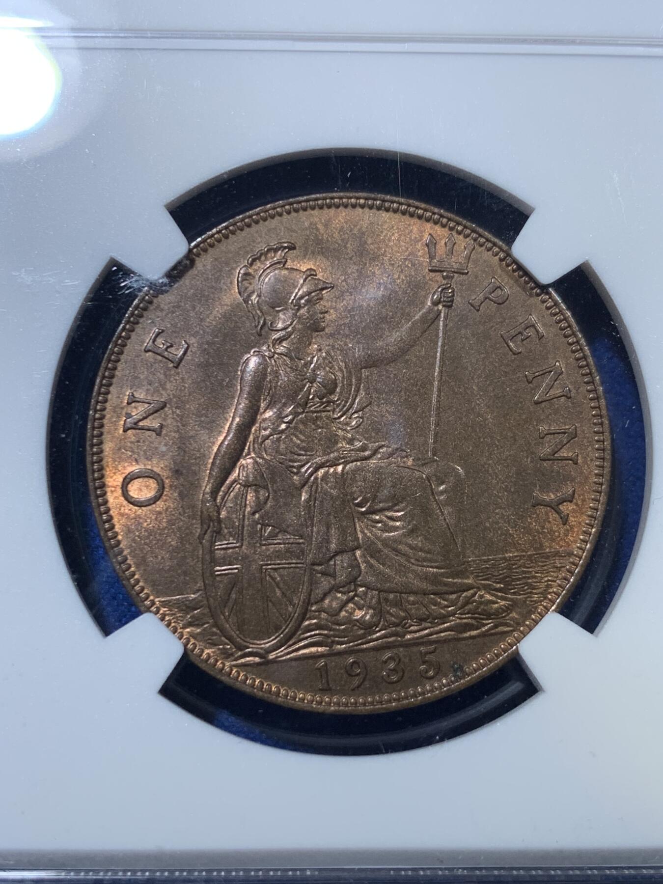 《竞宝斋》第285场- 周日，周一 2场连拍 （全场包邮） NGC MS64BN 英国1935年乔治五世1便士 64的好状态少见