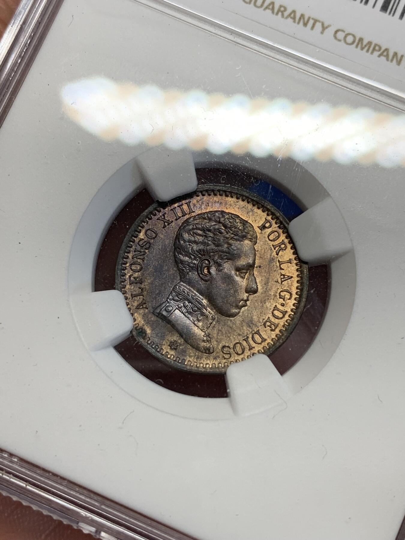 《竞宝斋》第285场- 周日，周一 2场连拍 （全场包邮） NGC MS62RB 西班牙 1904年 阿方索十三世 2分 军装版 铜币