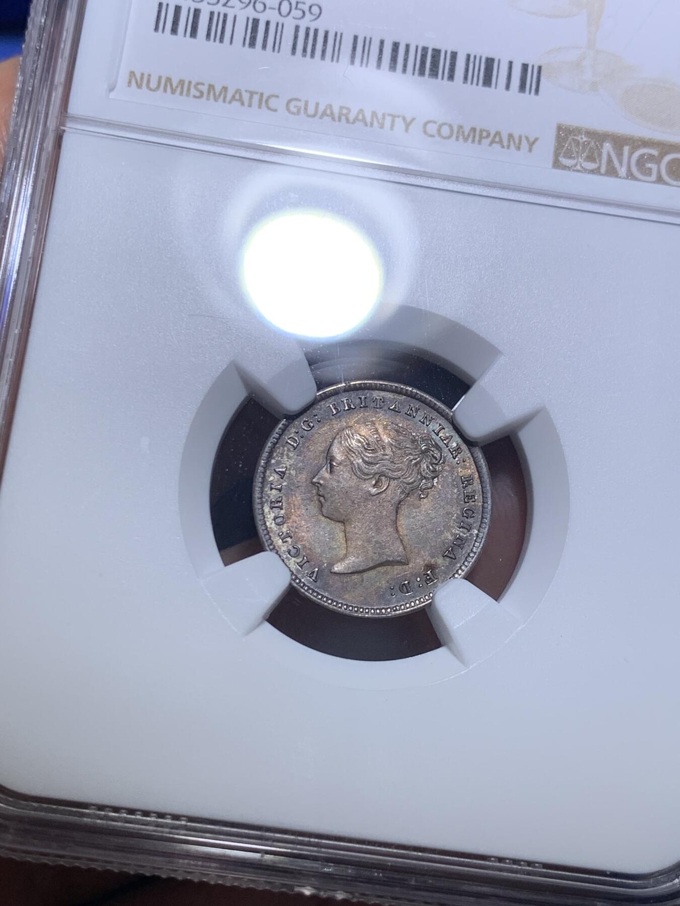 《竞宝斋》第285场- 周日，周一 2场连拍 （全场包邮） 4枚一组 NGC MS65/66/66/64 英国1844 维多利亚 濯足币 1P+2P+3P+4P 高分小维濯足 淡灰色带彩包浆漂亮