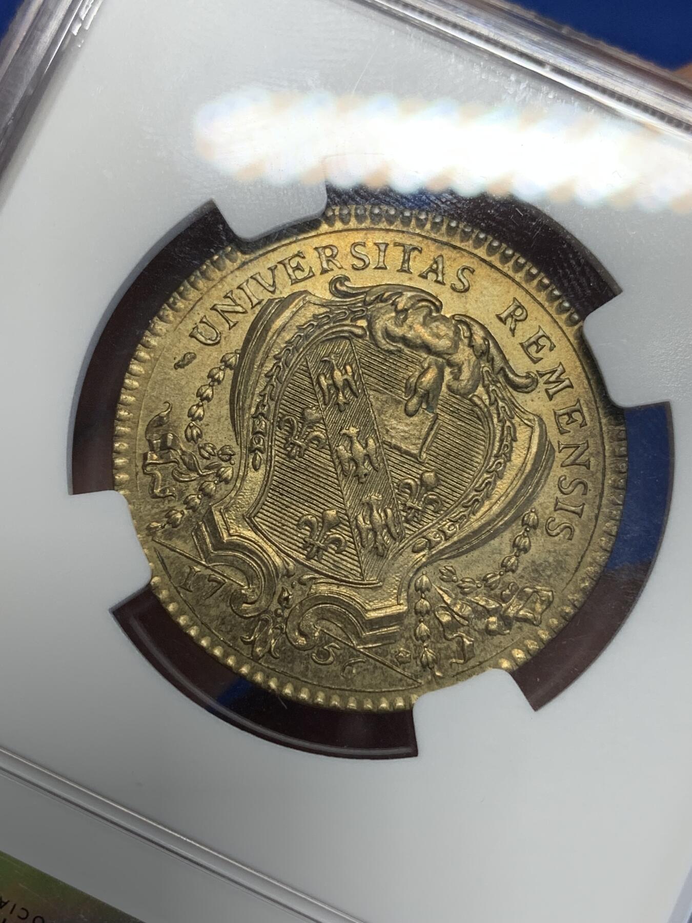 《竞宝斋》第285场- 周日，周一 2场连拍 （全场包邮） NGC MS64RB 法国1756年兰斯大学铜质代币  洛林的查理三世头像  高分收藏品