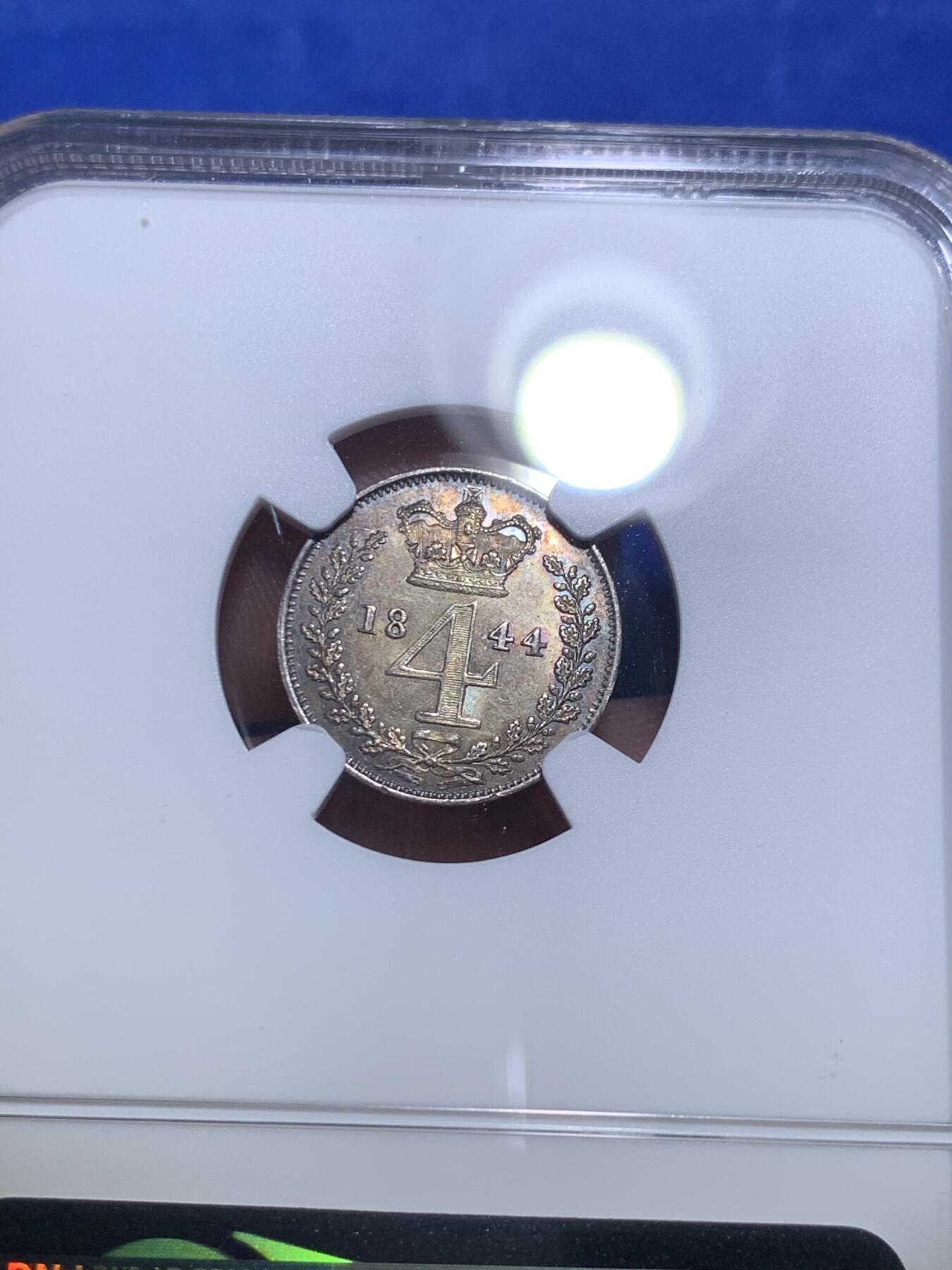 《竞宝斋》第285场- 周日，周一 2场连拍 （全场包邮） 4枚一组 NGC MS65/66/66/64 英国1844 维多利亚 濯足币 1P+2P+3P+4P 高分小维濯足 淡灰色带彩包浆漂亮