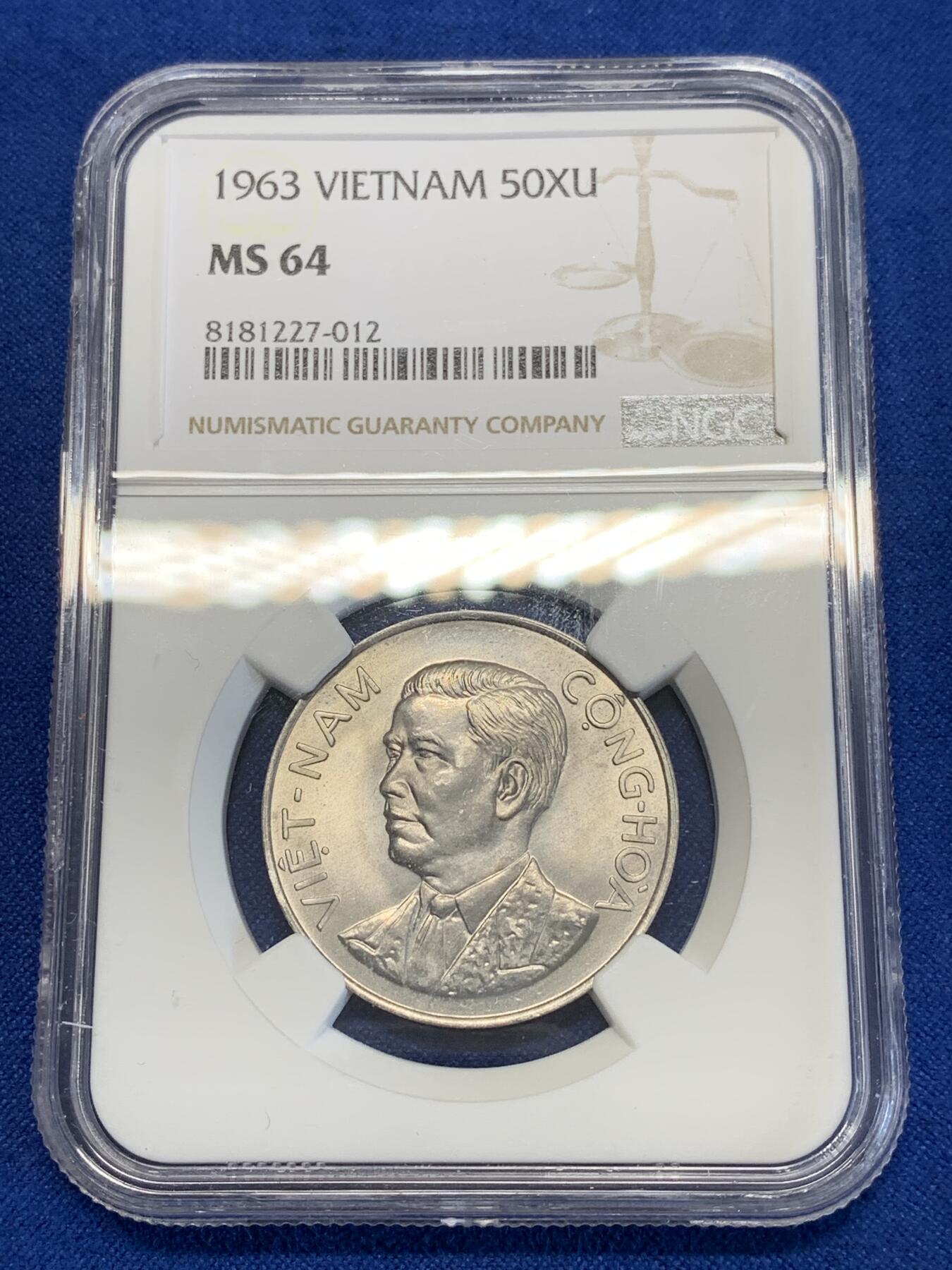 《竞宝斋》第285场- 周日，周一 2场连拍 （全场包邮） NGC MS64 越南1963年吴庭艳头像50Xu铝币