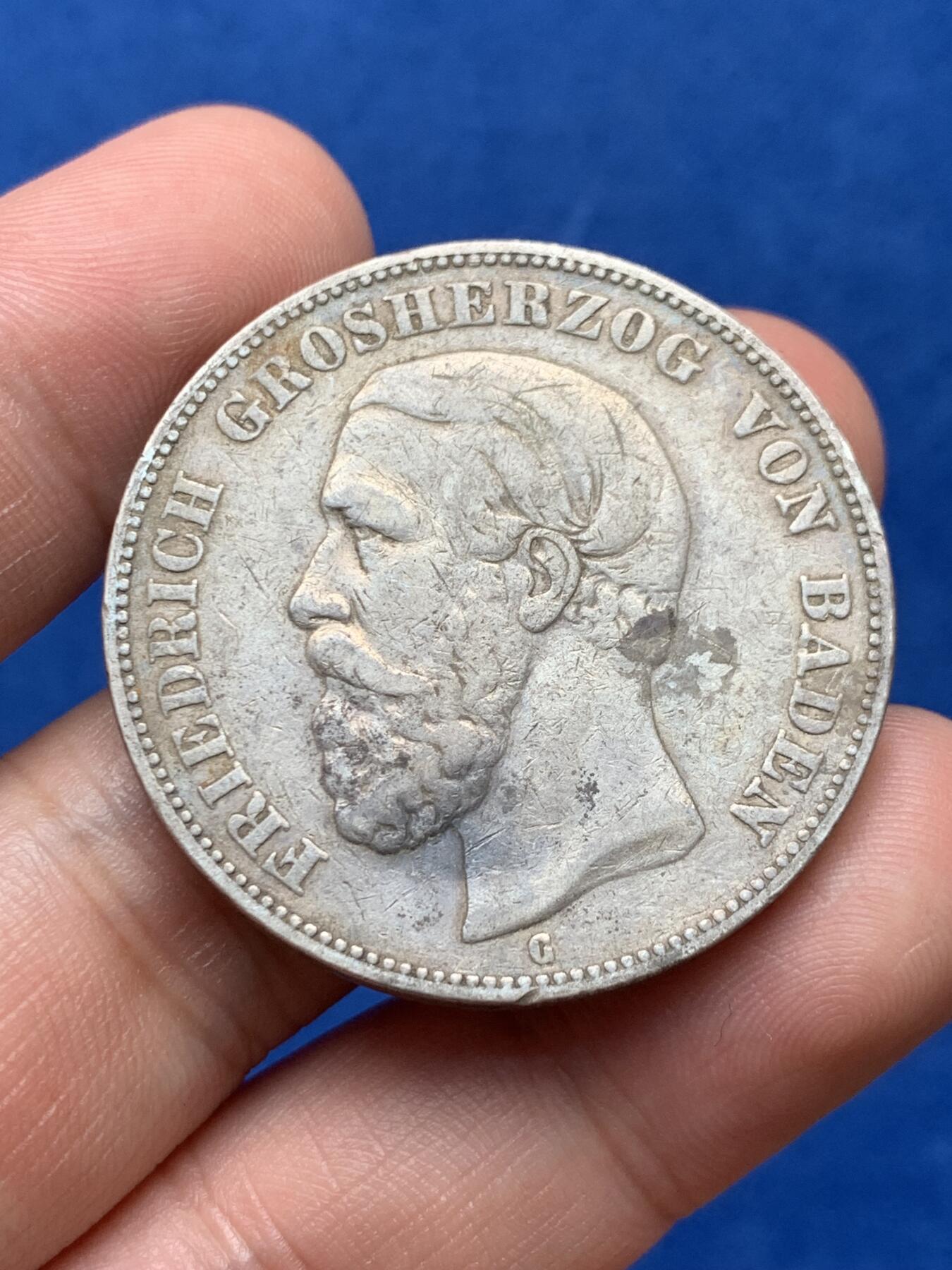 《竞宝斋》第285场- 周日，周一 2场连拍 （全场包邮） 德国1876年巴登大公5马克银币 细节见图