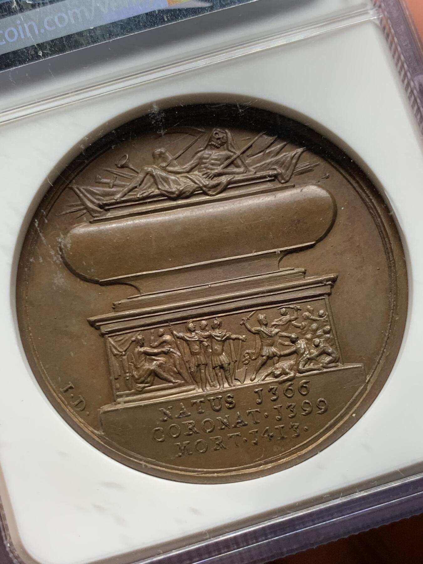 《竞宝斋》第285场- 周日，周一 2场连拍 （全场包邮） NGC MS64BN 英国1731英国君主15号纪念章 加厚盒装 NGC冠军分大铜章 亨利四世 高分精品 构图精妙 浮雕生动