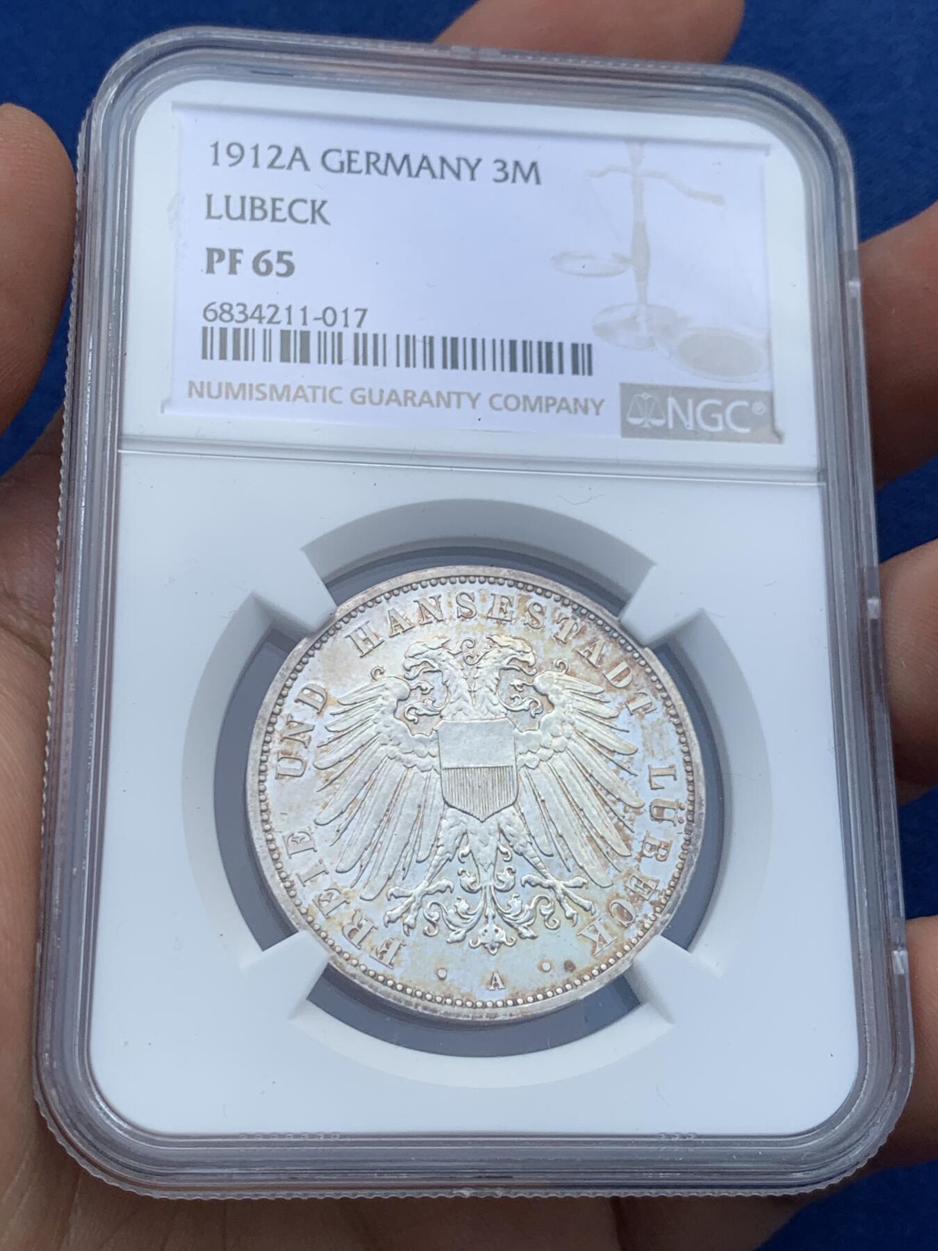 《竞宝斋》第285场- 周日，周一 2场连拍 （全场包邮） NGC PF65 德国1912A吕贝克精制3马克 亚军分 更高评级的只有1枚