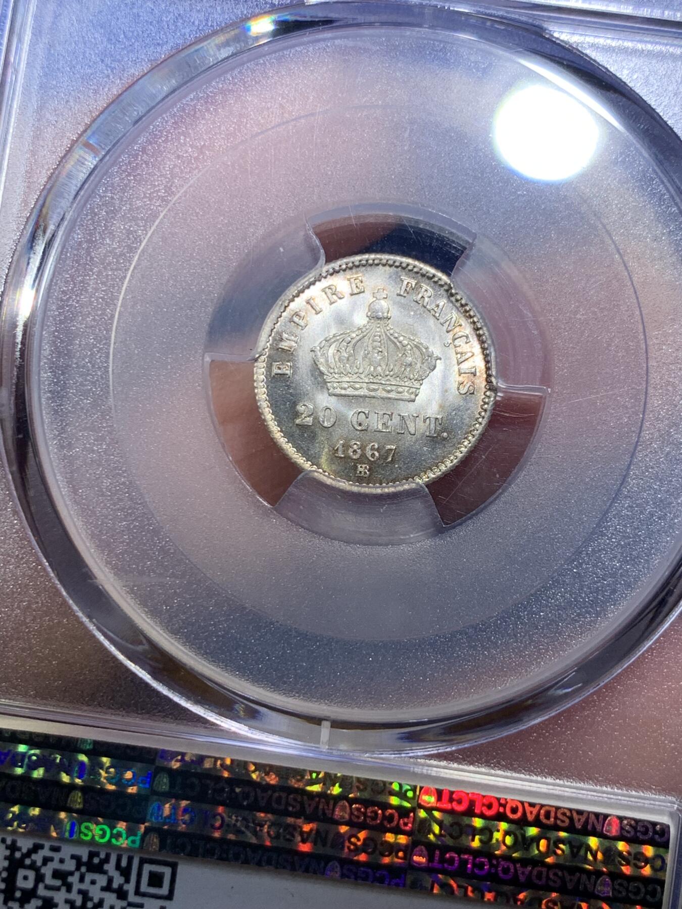 《竞宝斋》第285场- 周日，周一 2场连拍 （全场包邮） PCGS MS67 法国 1867年 拿破仑三世 20分 银币 超过150年历史的小辅币 能达到67分很少见 到顶了