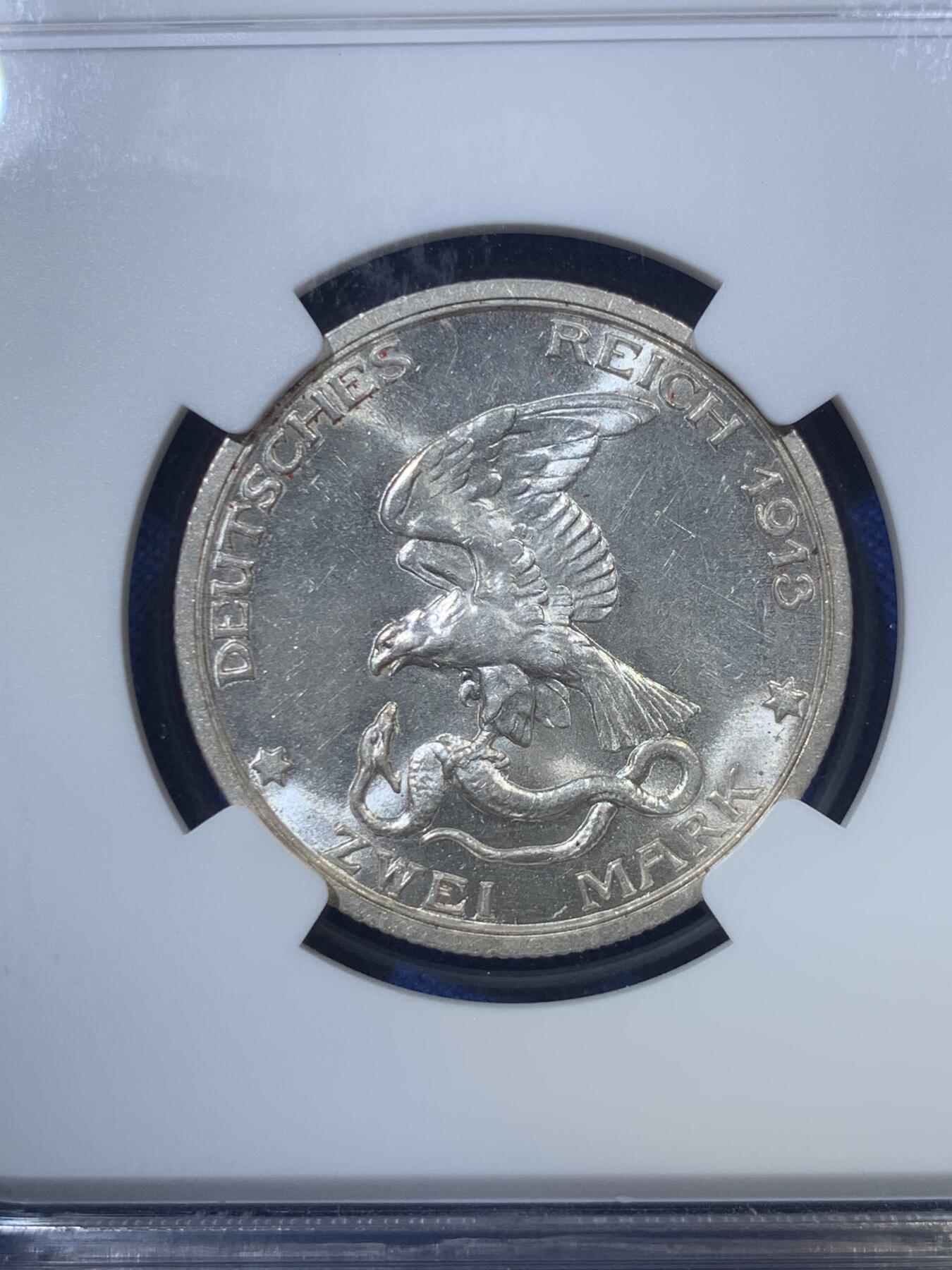 《竞宝斋》第285场- 周日，周一 2场连拍 （全场包邮） NGC MS63 德国1913年普鲁士战胜拿破仑2马克银币