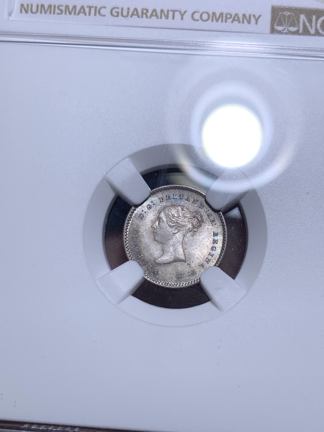 《竞宝斋》第285场- 周日，周一 2场连拍 （全场包邮） 4枚一组 NGC MS65/66/66/64 英国1844 维多利亚 濯足币 1P+2P+3P+4P 高分小维濯足 淡灰色带彩包浆漂亮