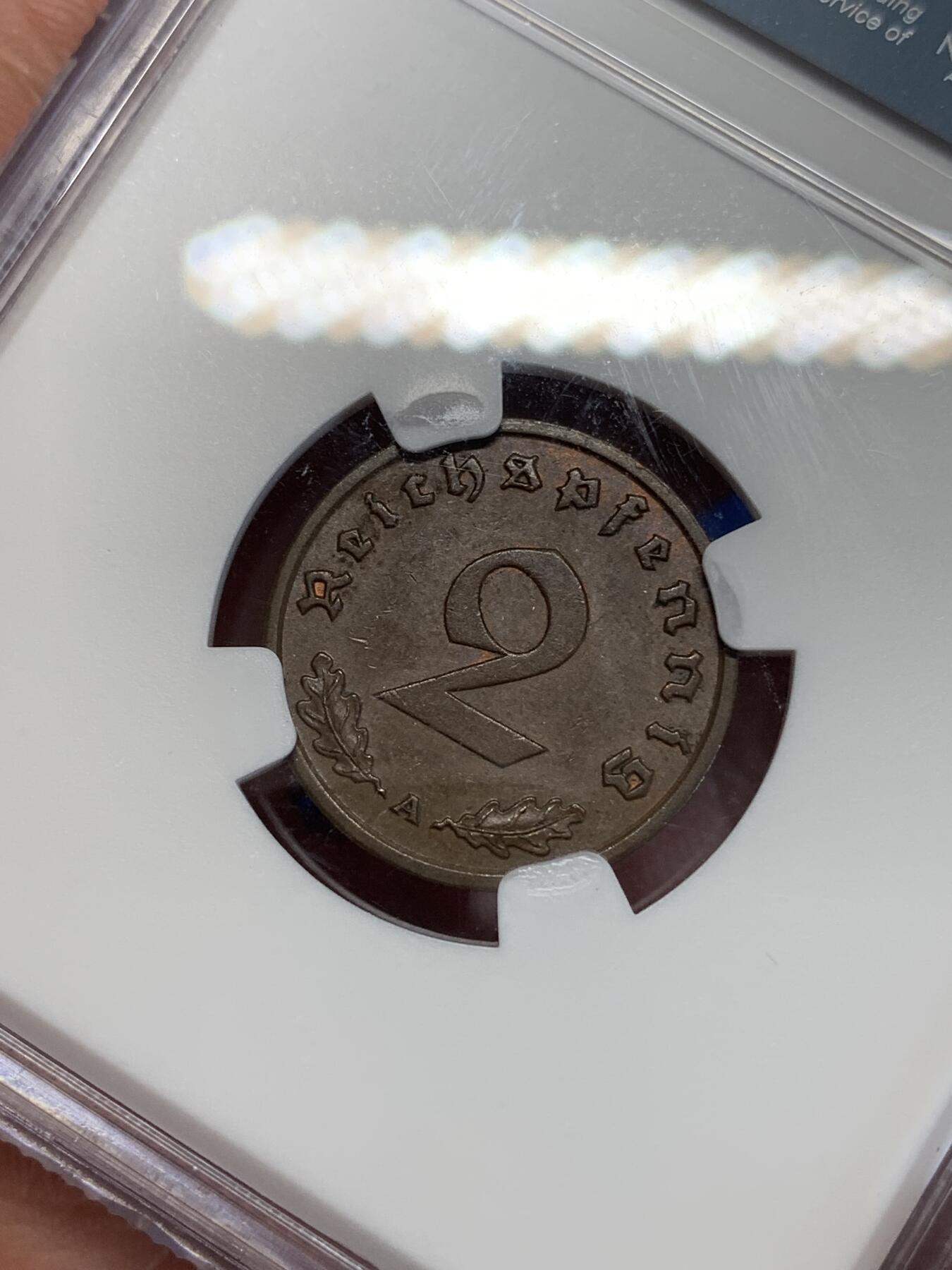 《竞宝斋》第285场- 周日，周一 2场连拍 （全场包邮） NGC MS62BN 德国1938年A厂2芬尼