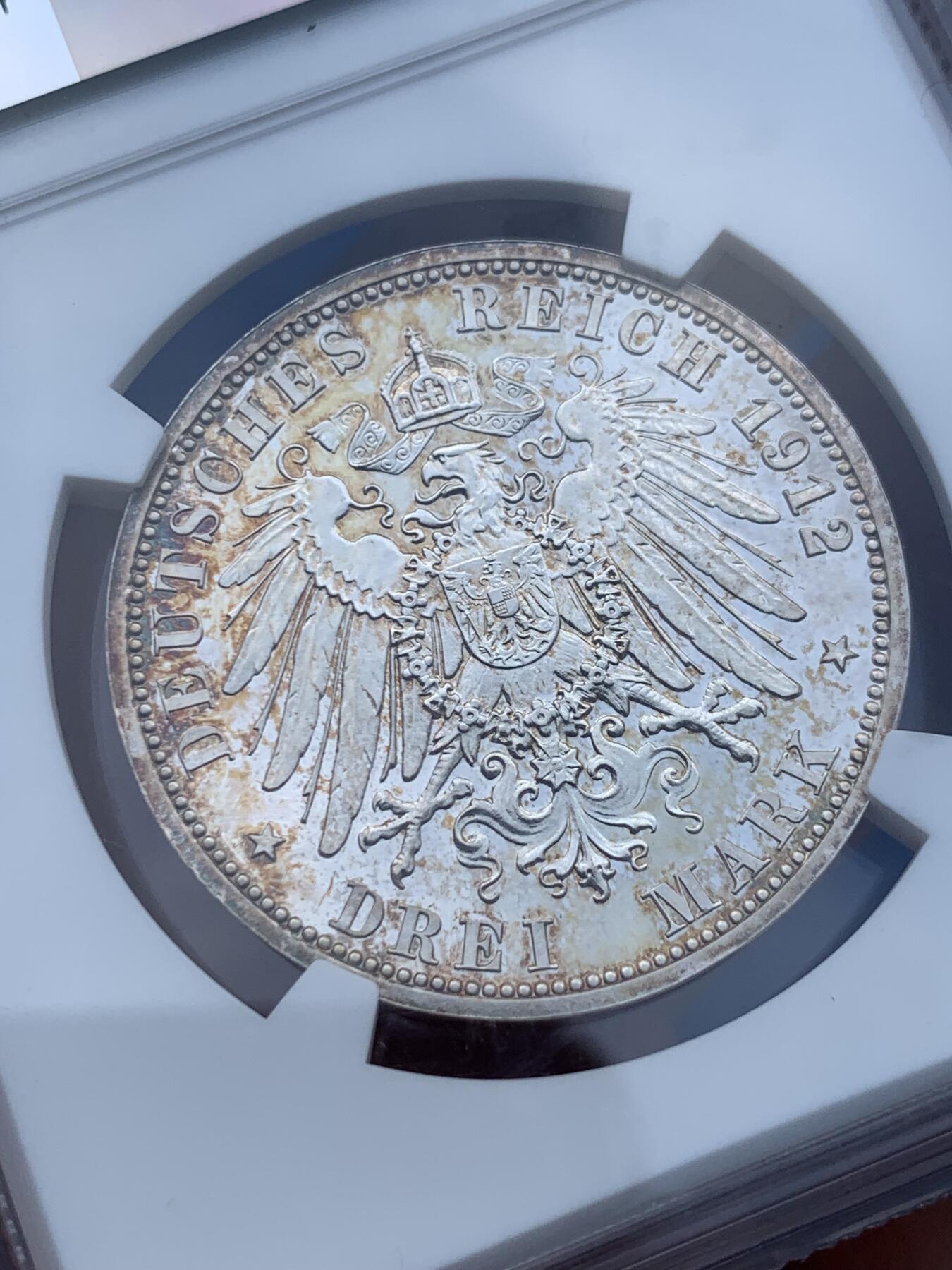 《竞宝斋》第285场- 周日，周一 2场连拍 （全场包邮） NGC PF65 德国1912A吕贝克精制3马克 亚军分 更高评级的只有1枚