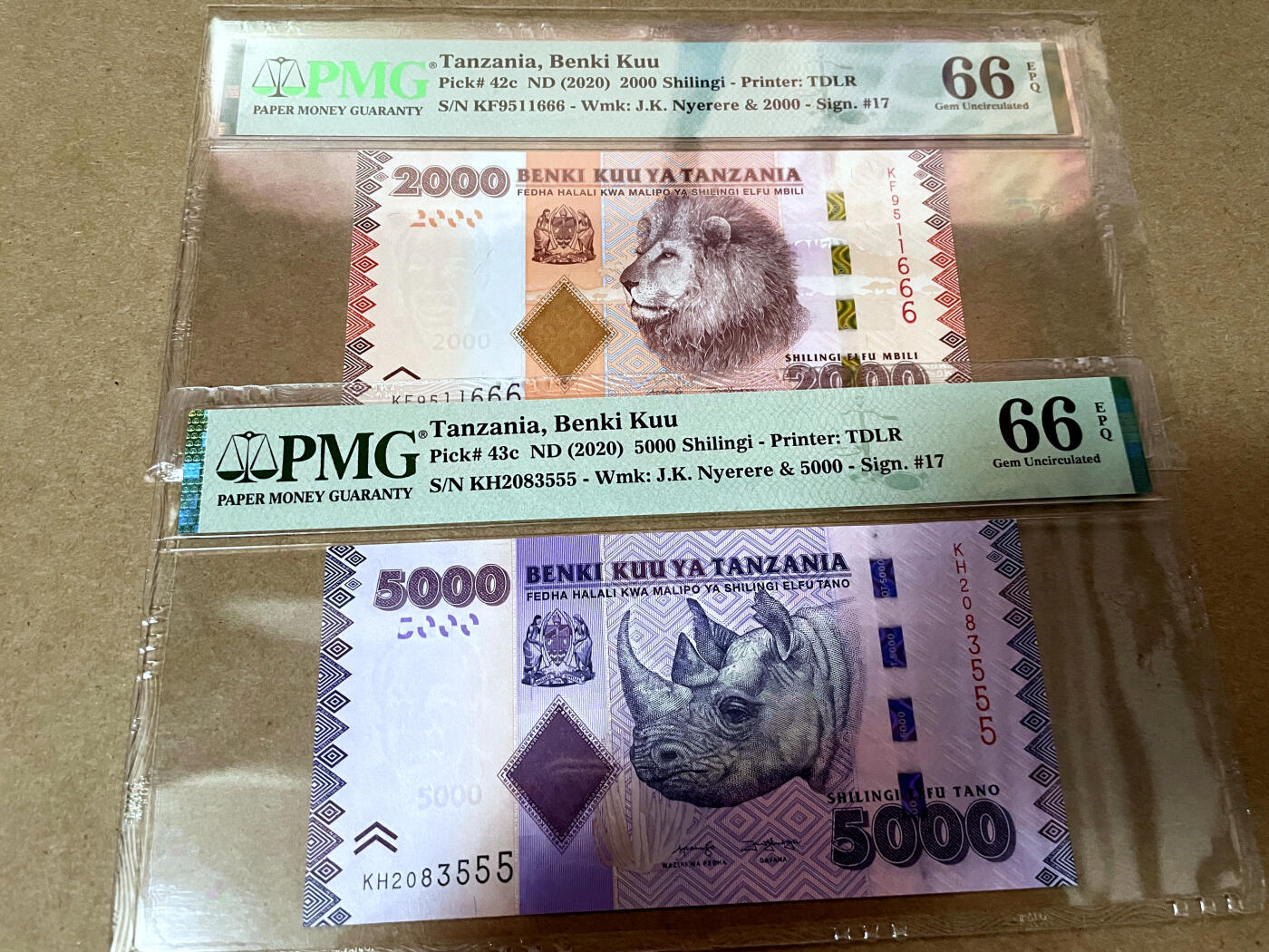 【Blue Auction】✨世界纸币精拍第499期【精】 【一组2张豹子号无47】坦桑尼亚 2020年2000-5000先令 PMG66EPQ 