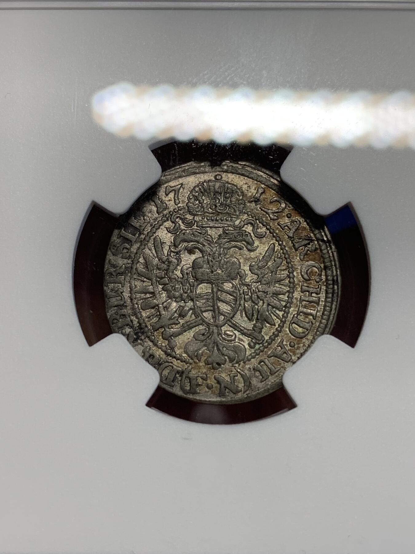 《竞宝斋》第285场- 周日，周一 2场连拍 （全场包邮） NGC AU55 神圣罗马帝国1712年查理六世3克鲁泽银币  稀少的波兰-布雷斯劳造币厂铸造 五彩包浆