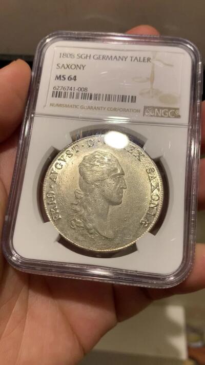 《竞宝斋》第285场- 周日，周一 2场连拍 （全场包邮） 唯一亚军分 NGC MS64 德国 萨克森 1808 奥古斯特一世 泰勒大银币 打制好 带转光