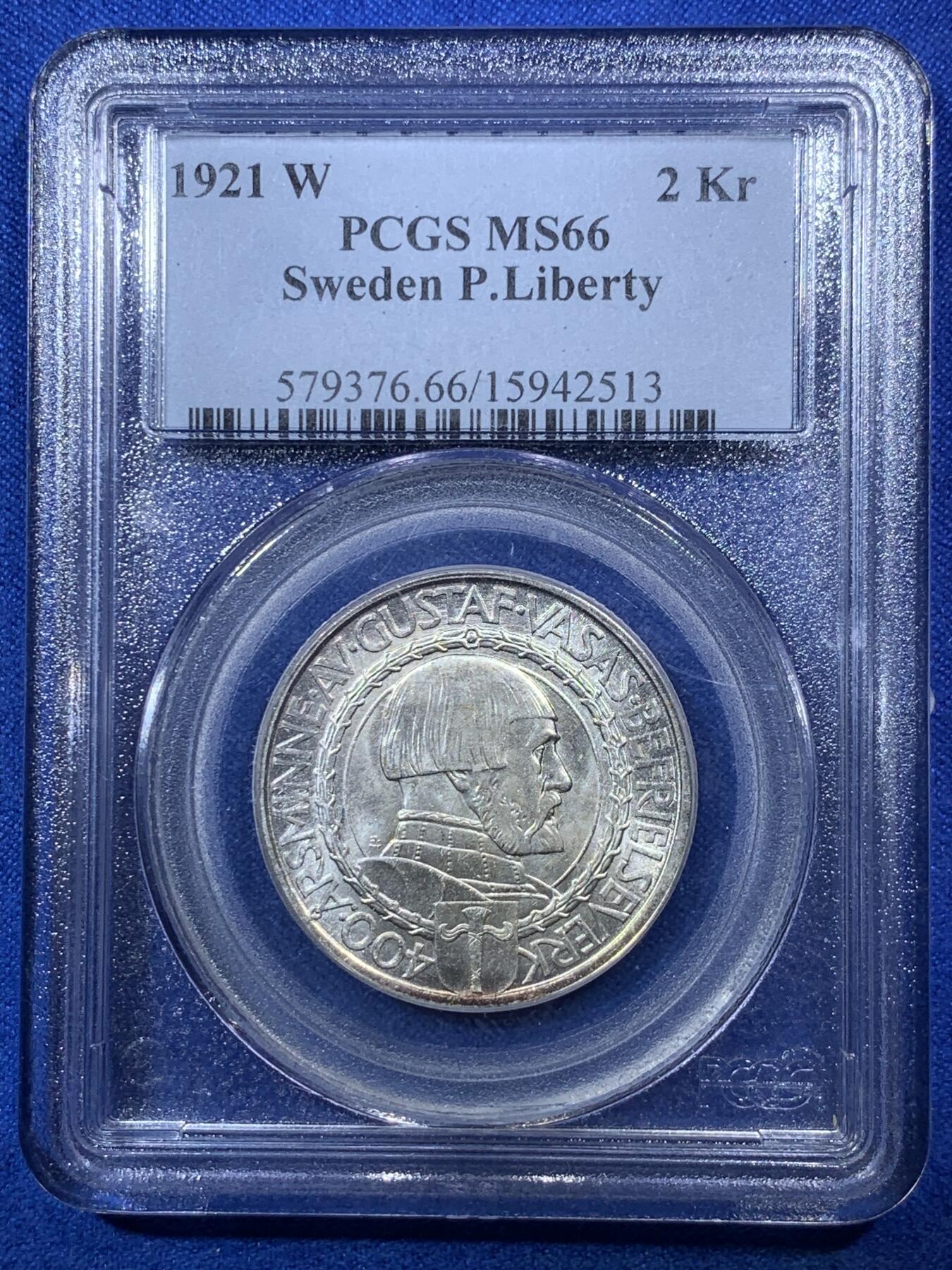 《竞宝斋》第285场- 周日，周一 2场连拍 （全场包邮） PCGS MS66 瑞典1921年2克朗纪念银币 高分稀少