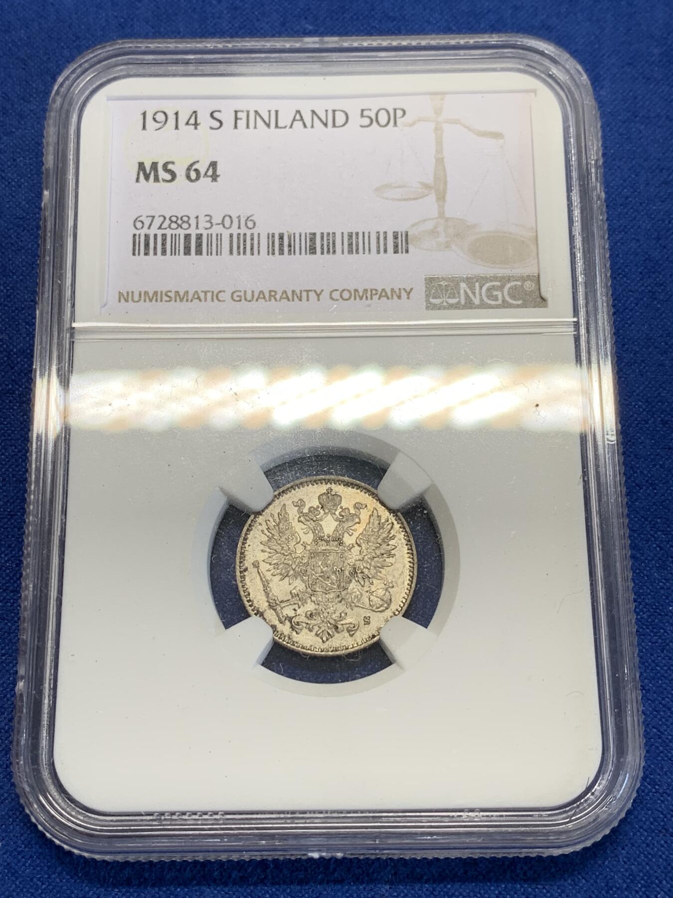 《竞宝斋》第285场- 周日，周一 2场连拍 （全场包邮） NGC MS64 俄占芬兰1914年双头鹰50P银币