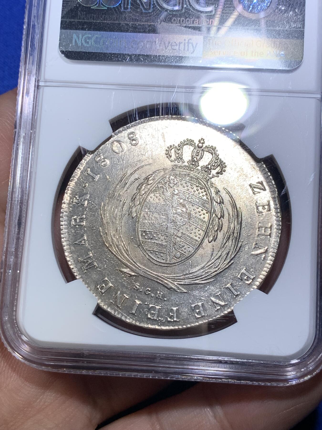 《竞宝斋》第285场- 周日，周一 2场连拍 （全场包邮） 唯一亚军分 NGC MS64 德国 萨克森 1808 奥古斯特一世 泰勒大银币 打制好 带转光