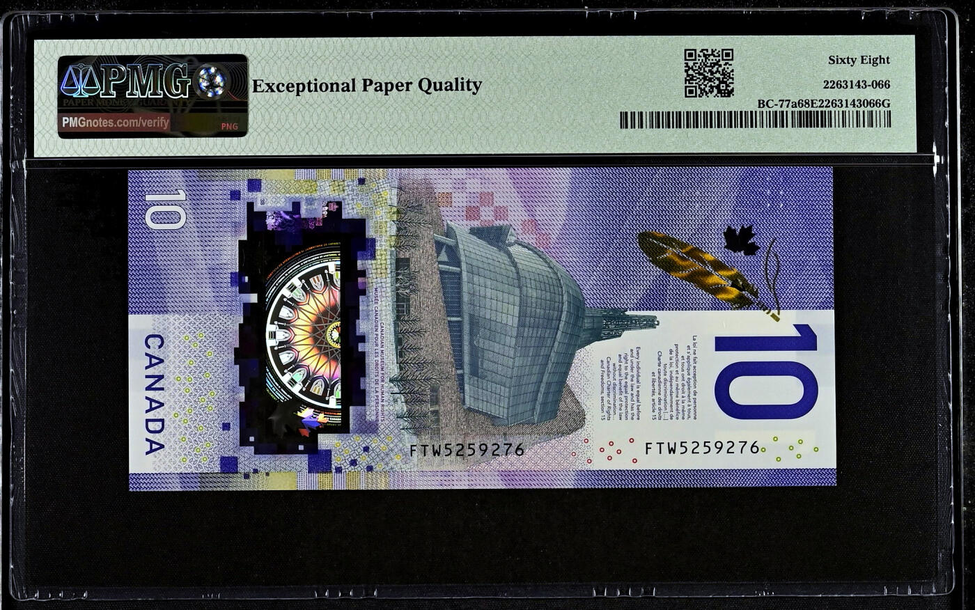 【Blue Auction】✨世界纸币精拍第499期【精】 【FTW首发冠】加拿大 2018年10元 PMG68EPQ 超高分
