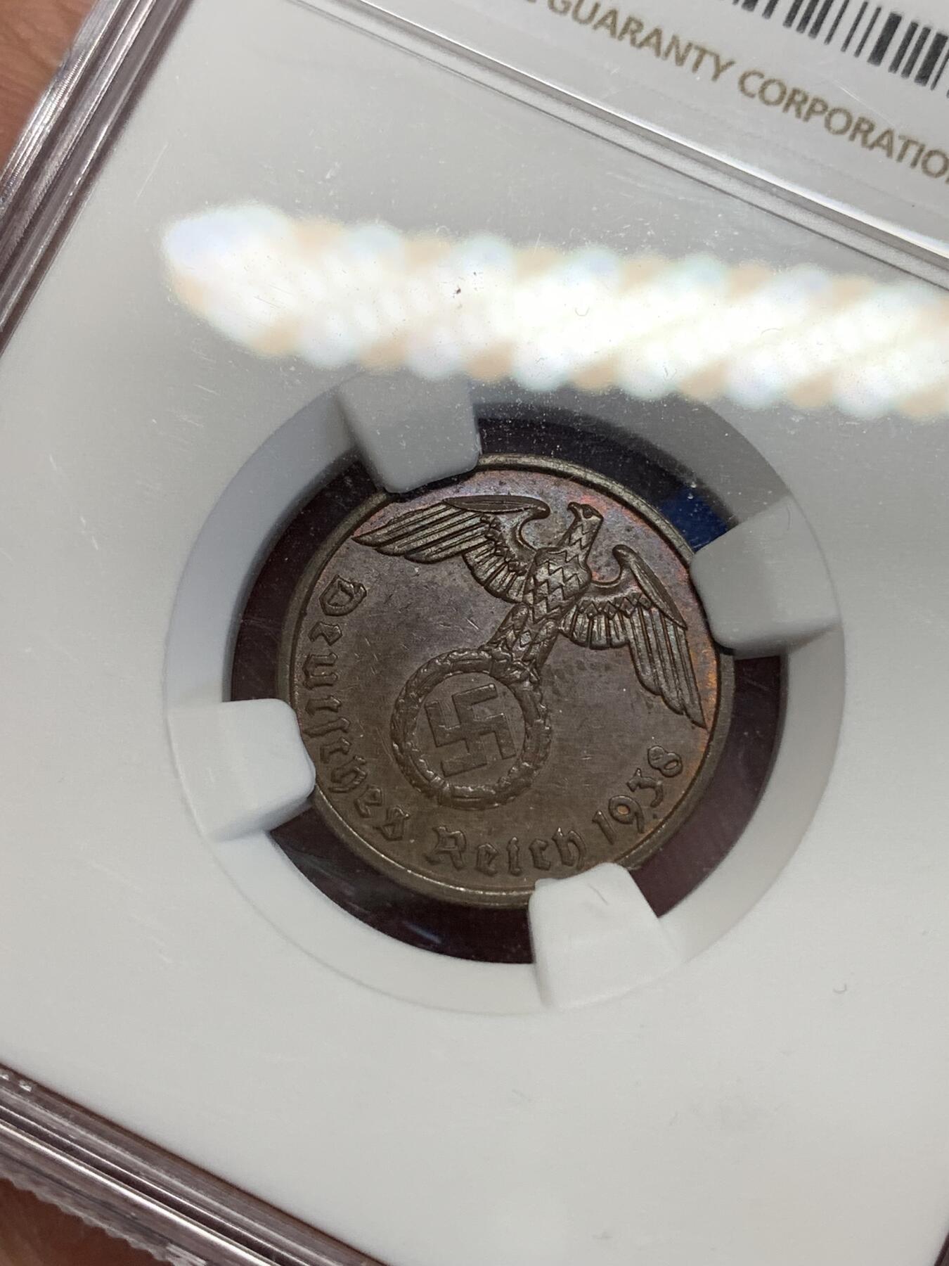 《竞宝斋》第285场- 周日，周一 2场连拍 （全场包邮） NGC MS62BN 德国1938年A厂2芬尼