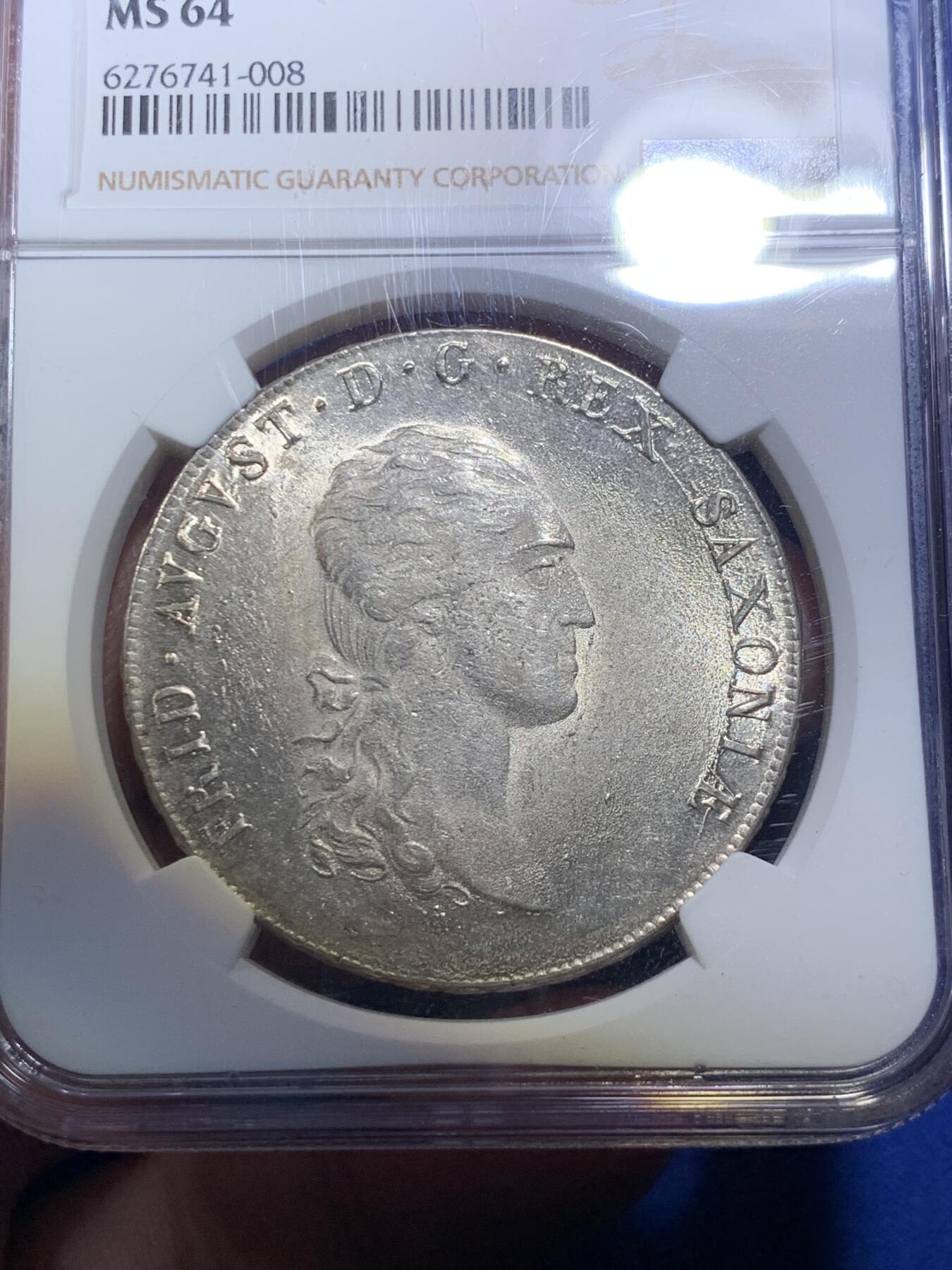 《竞宝斋》第285场- 周日，周一 2场连拍 （全场包邮） 唯一亚军分 NGC MS64 德国 萨克森 1808 奥古斯特一世 泰勒大银币 打制好 带转光