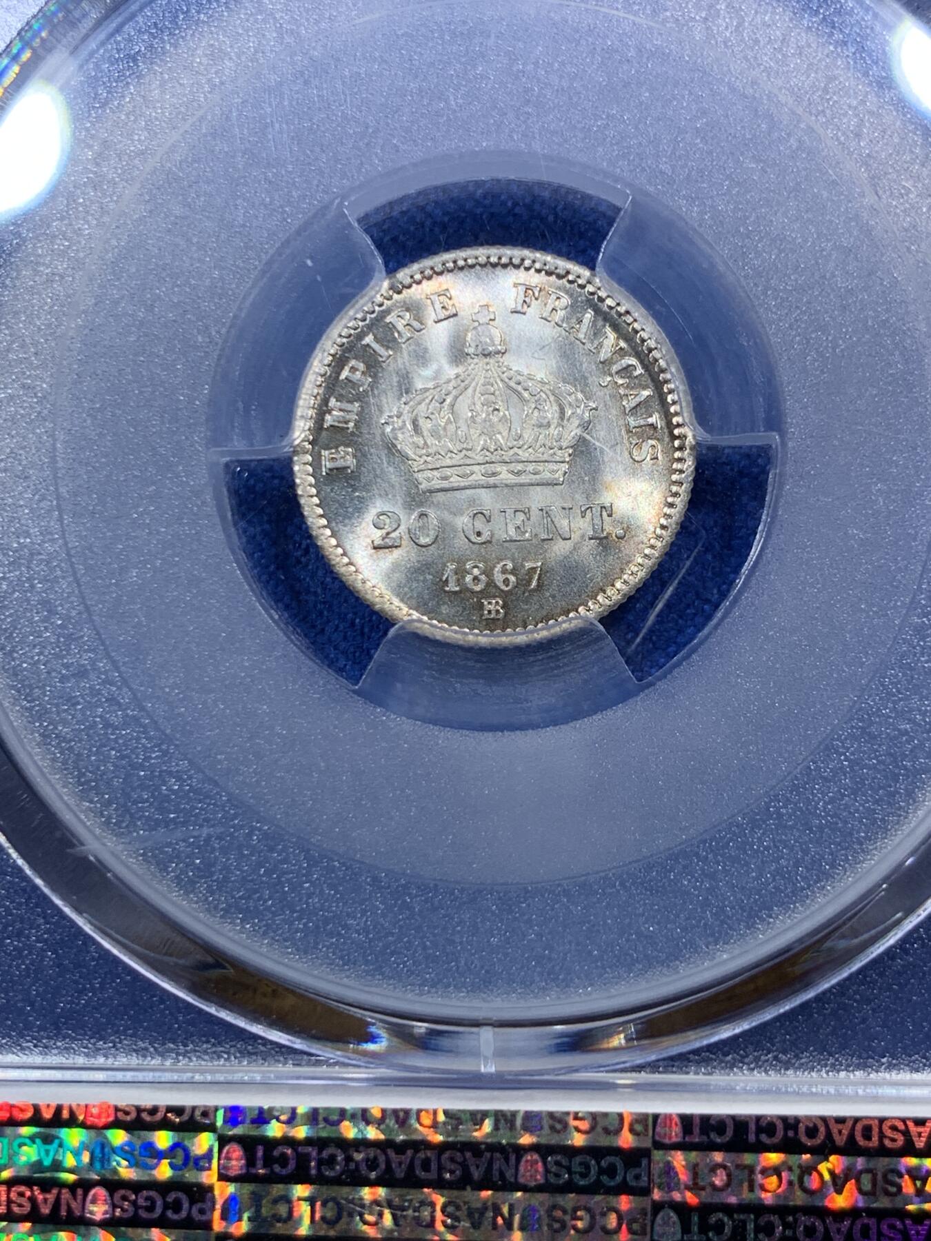 《竞宝斋》第285场- 周日，周一 2场连拍 （全场包邮） PCGS MS67 法国 1867年 拿破仑三世 20分 银币 超过150年历史的小辅币 能达到67分很少见 到顶了