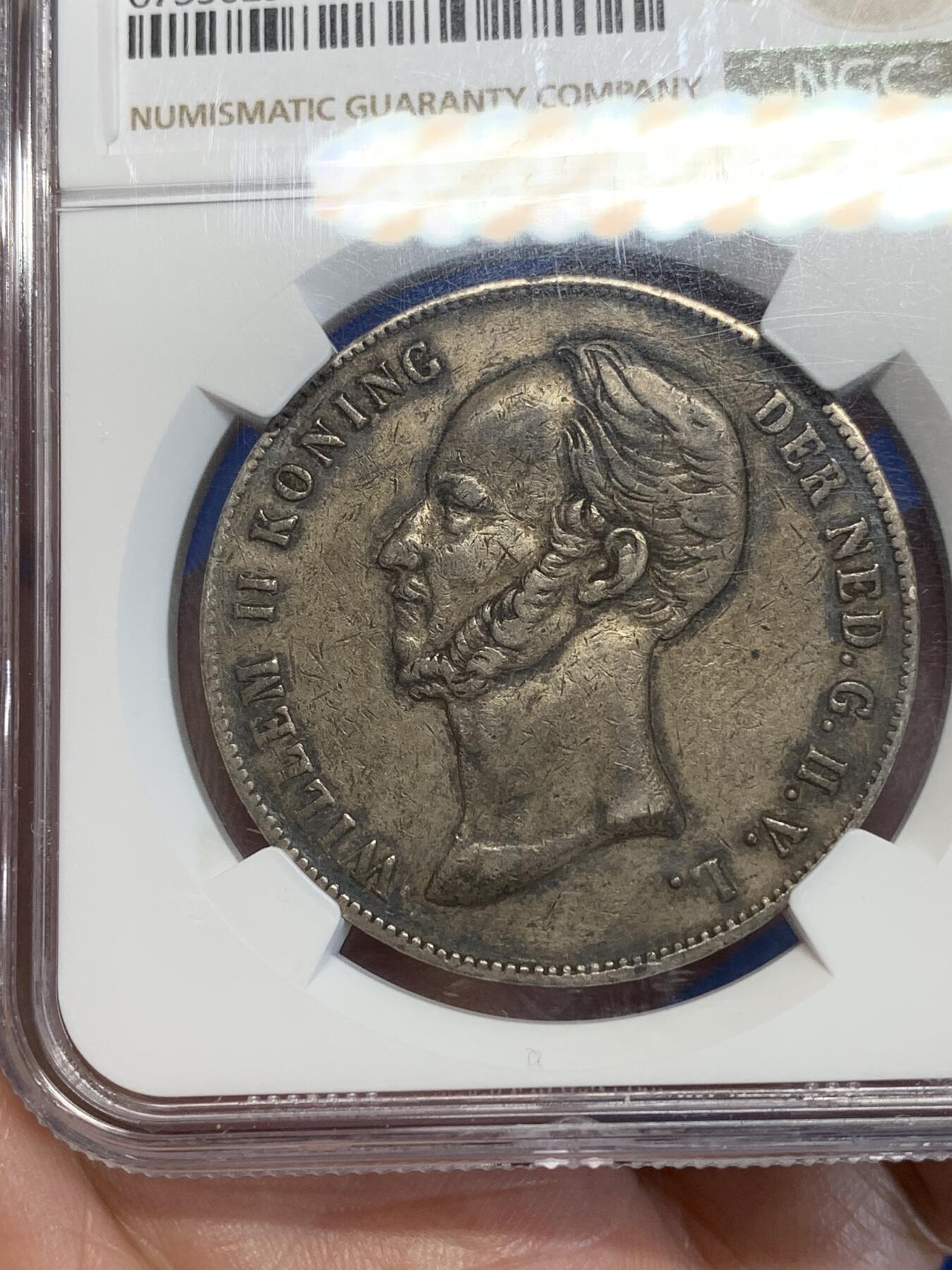 《竞宝斋》第285场- 周日，周一 2场连拍 （全场包邮） NGC VF35 荷兰1848年威廉二世长脖子2.5盾 原味老包浆 细节非常好 低评