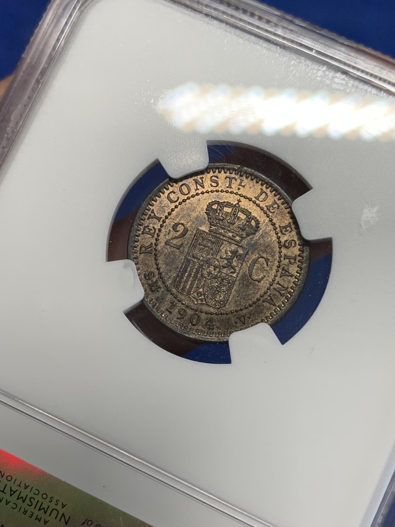 《竞宝斋》第285场- 周日，周一 2场连拍 （全场包邮） NGC MS62RB 西班牙 1904年 阿方索十三世 2分 军装版 铜币