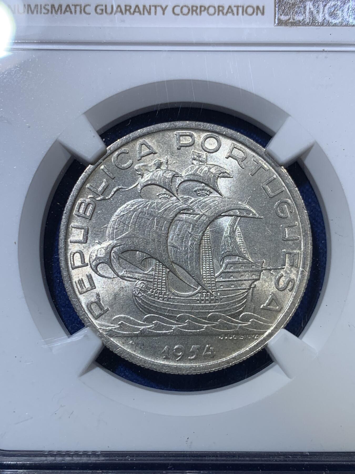 《竞宝斋》第285场- 周日，周一 2场连拍 （全场包邮） NGC MS64 葡萄牙1954年大帆船10埃斯库多银币