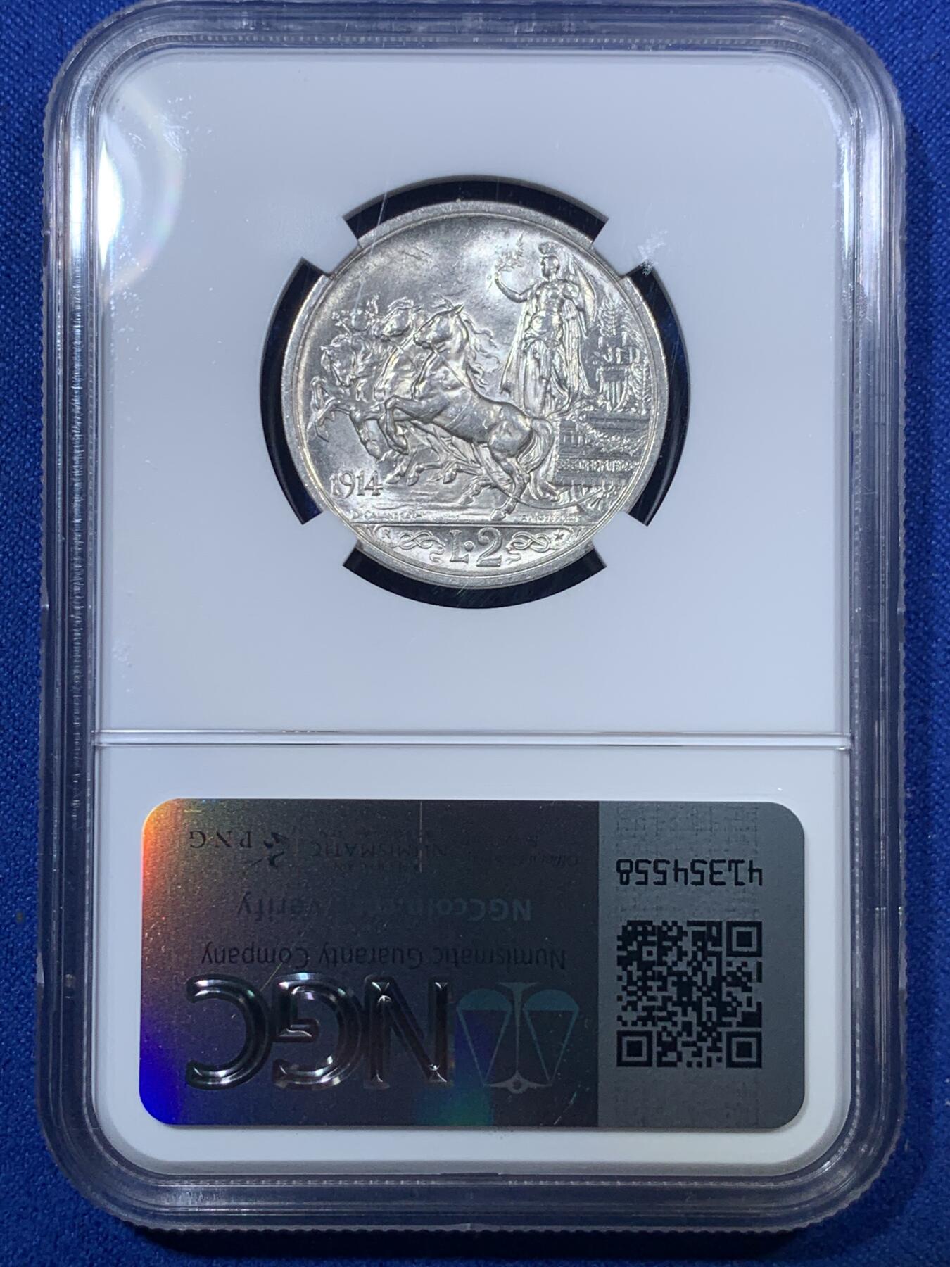 《竞宝斋》第285场- 周日，周一 2场连拍 （全场包邮） NGC MS62 意大利1914年马车2里拉银币