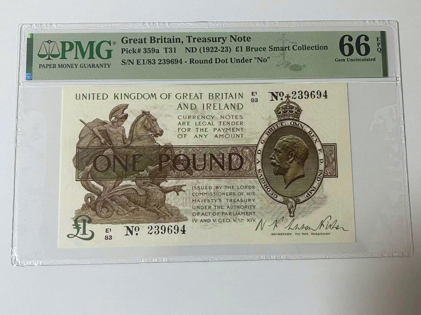 【Blue Auction】✨世界纸币精拍第499期【精】 英国 1922-23年1镑 乔治五世 PMG66EPQ  高分 圣乔治屠龙 背面威斯敏斯特宫 精美