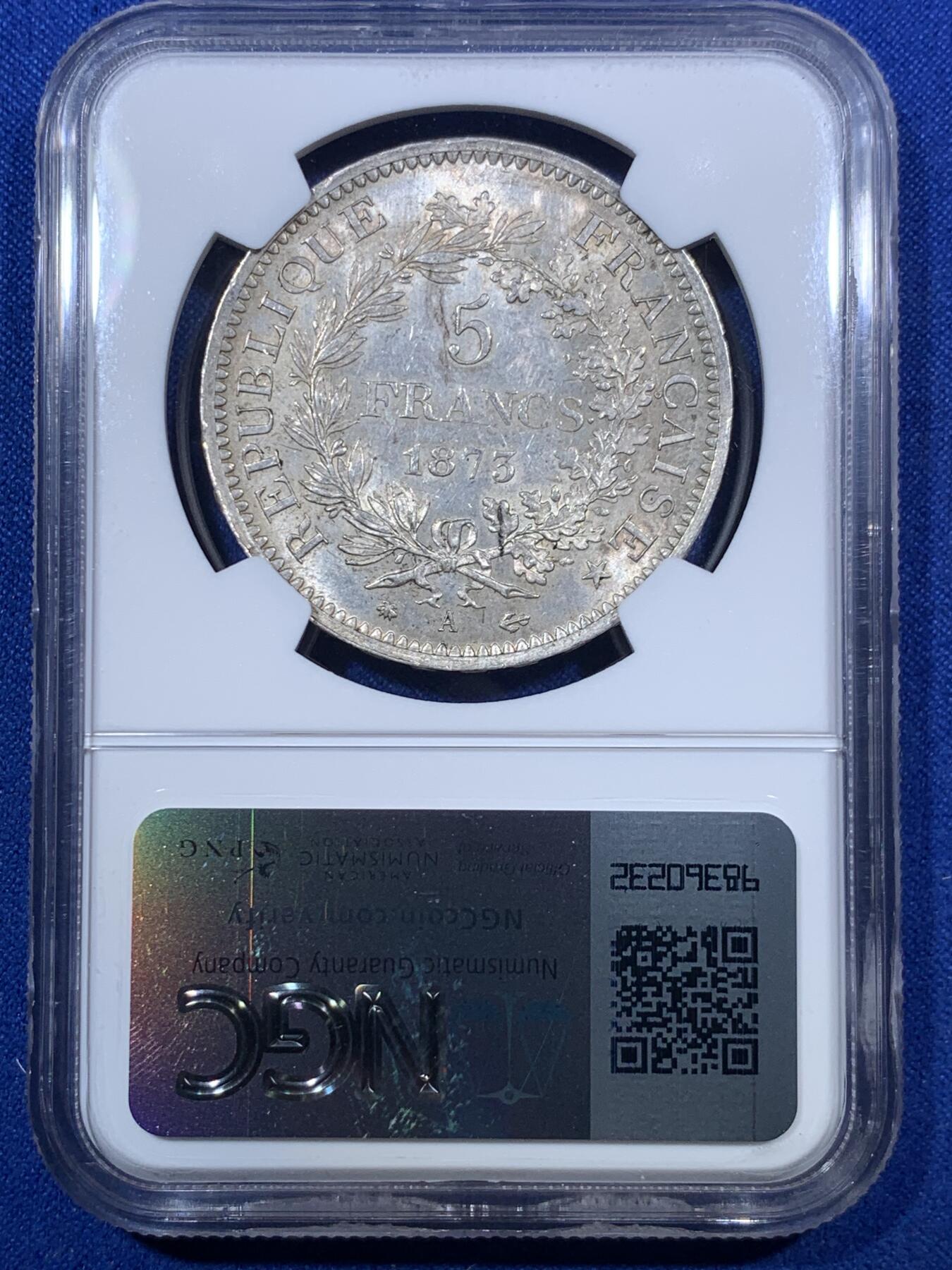 《竞宝斋》第285场- 周日，周一 2场连拍 （全场包邮） NGC MS62 法国1873年大力神5法郎银币