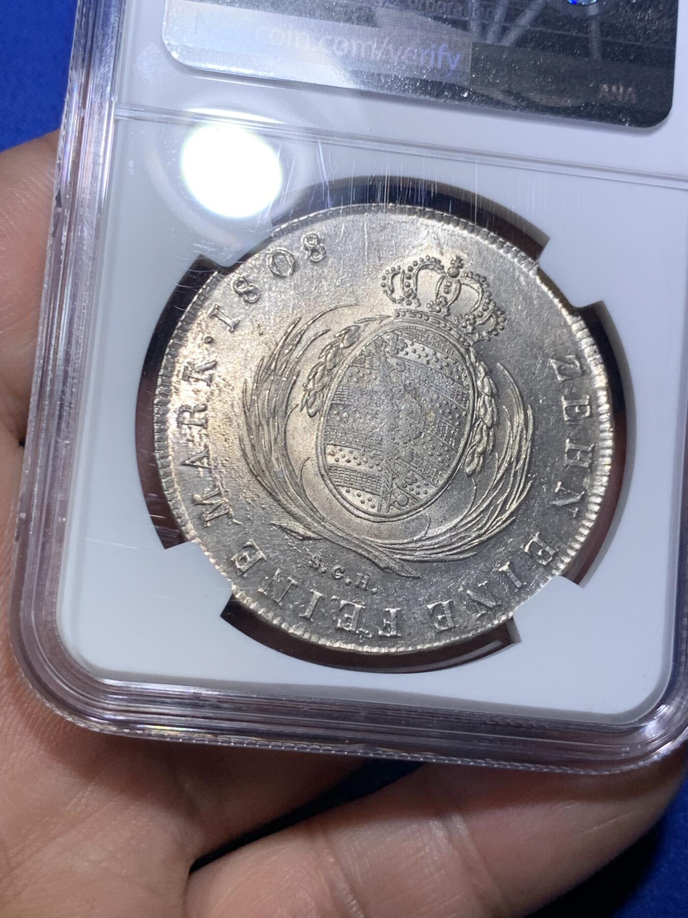 《竞宝斋》第285场- 周日，周一 2场连拍 （全场包邮） 唯一亚军分 NGC MS64 德国 萨克森 1808 奥古斯特一世 泰勒大银币 打制好 带转光