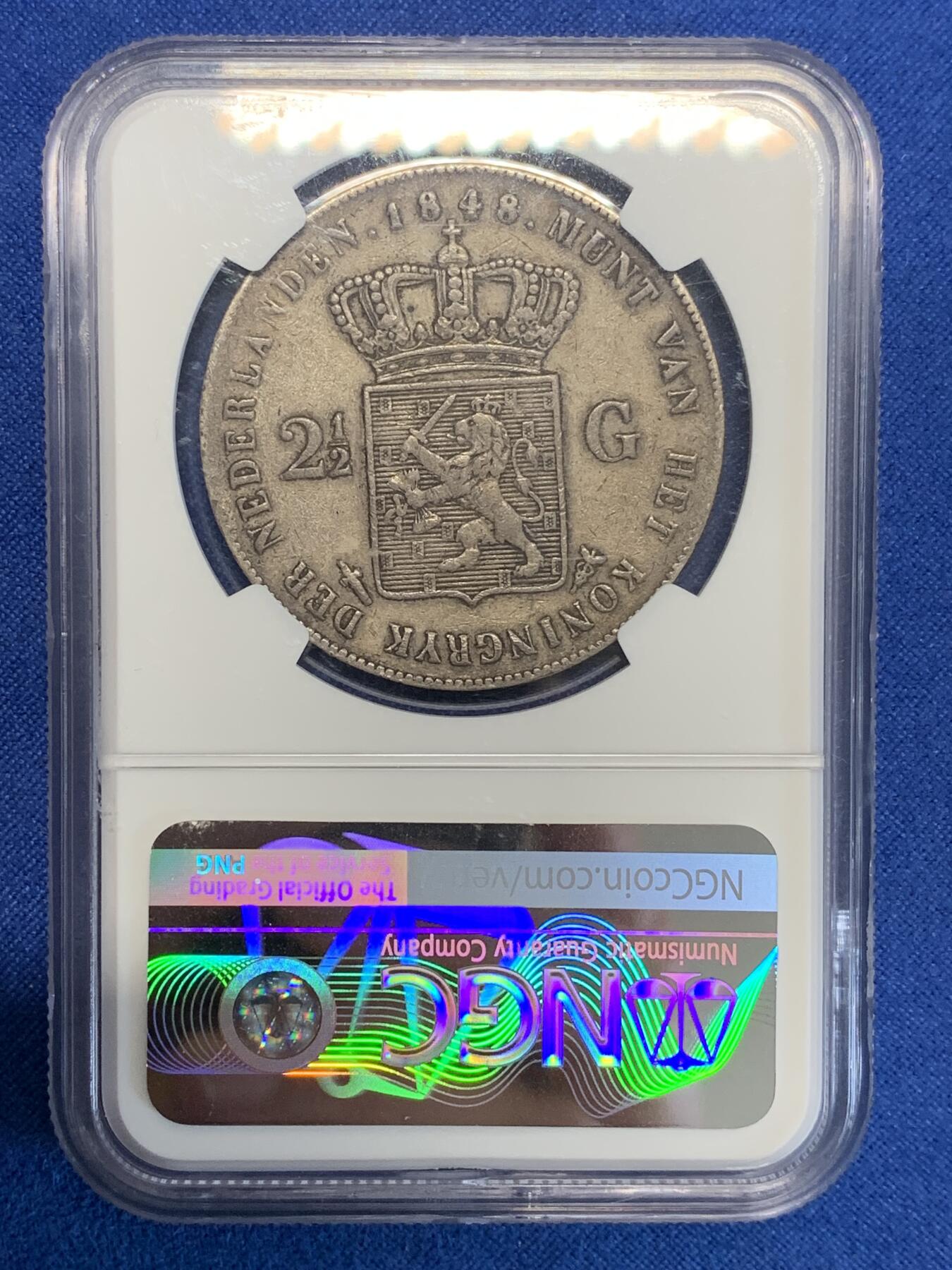 《竞宝斋》第285场- 周日，周一 2场连拍 （全场包邮） NGC VF35 荷兰1848年威廉二世长脖子2.5盾 原味老包浆 细节非常好 低评