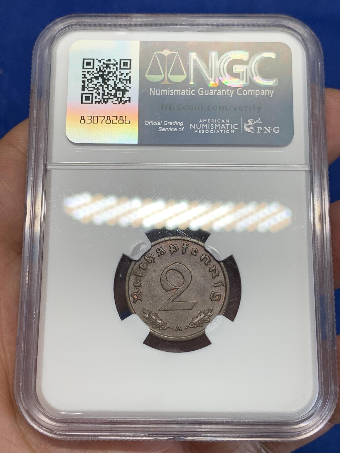 《竞宝斋》第285场- 周日，周一 2场连拍 （全场包邮） NGC MS62BN 德国1938年A厂2芬尼