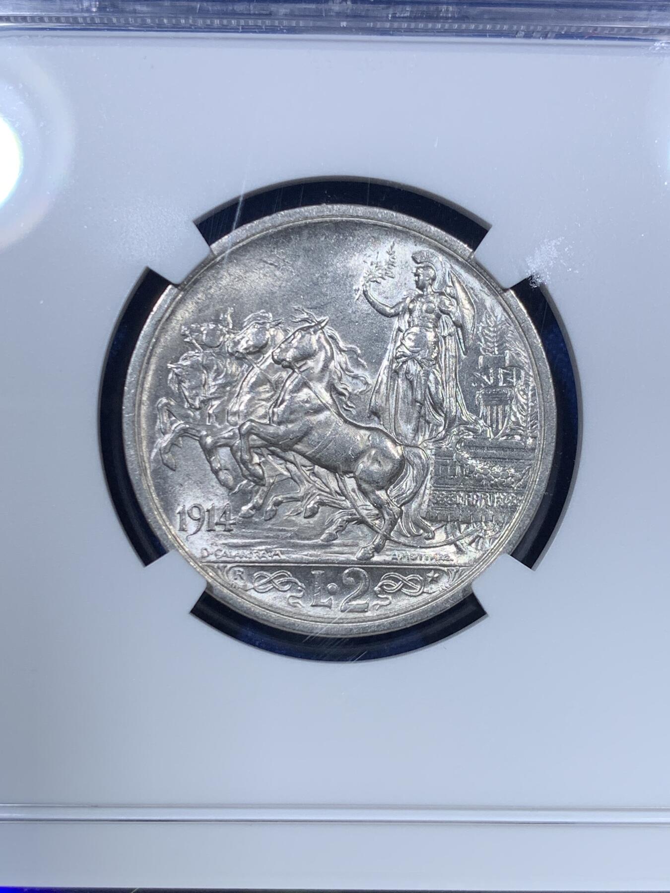 《竞宝斋》第285场- 周日，周一 2场连拍 （全场包邮） NGC MS62 意大利1914年马车2里拉银币