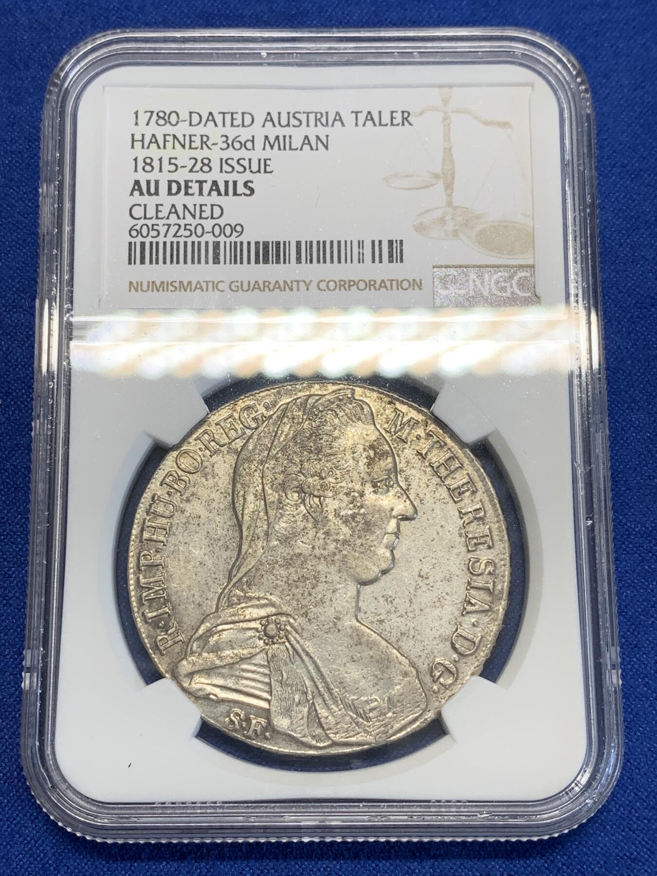 《竞宝斋》第285场- 周日，周一 2场连拍 （全场包邮） NGC AUD 奥地利1780特雷西女王（俗称大奶妈）1泰勒大银币 1815-28早期铸造 意大利米兰厂 看不出清洗