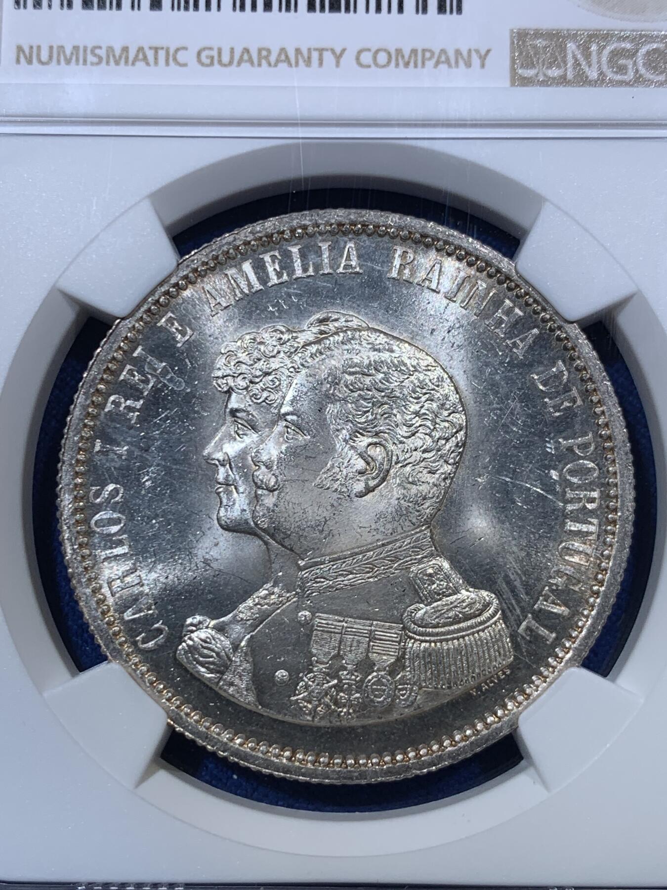 《竞宝斋》第285场- 周日，周一 2场连拍 （全场包邮） NGC MS62 葡萄牙1898年发现印度戎装版1000瑞斯银币