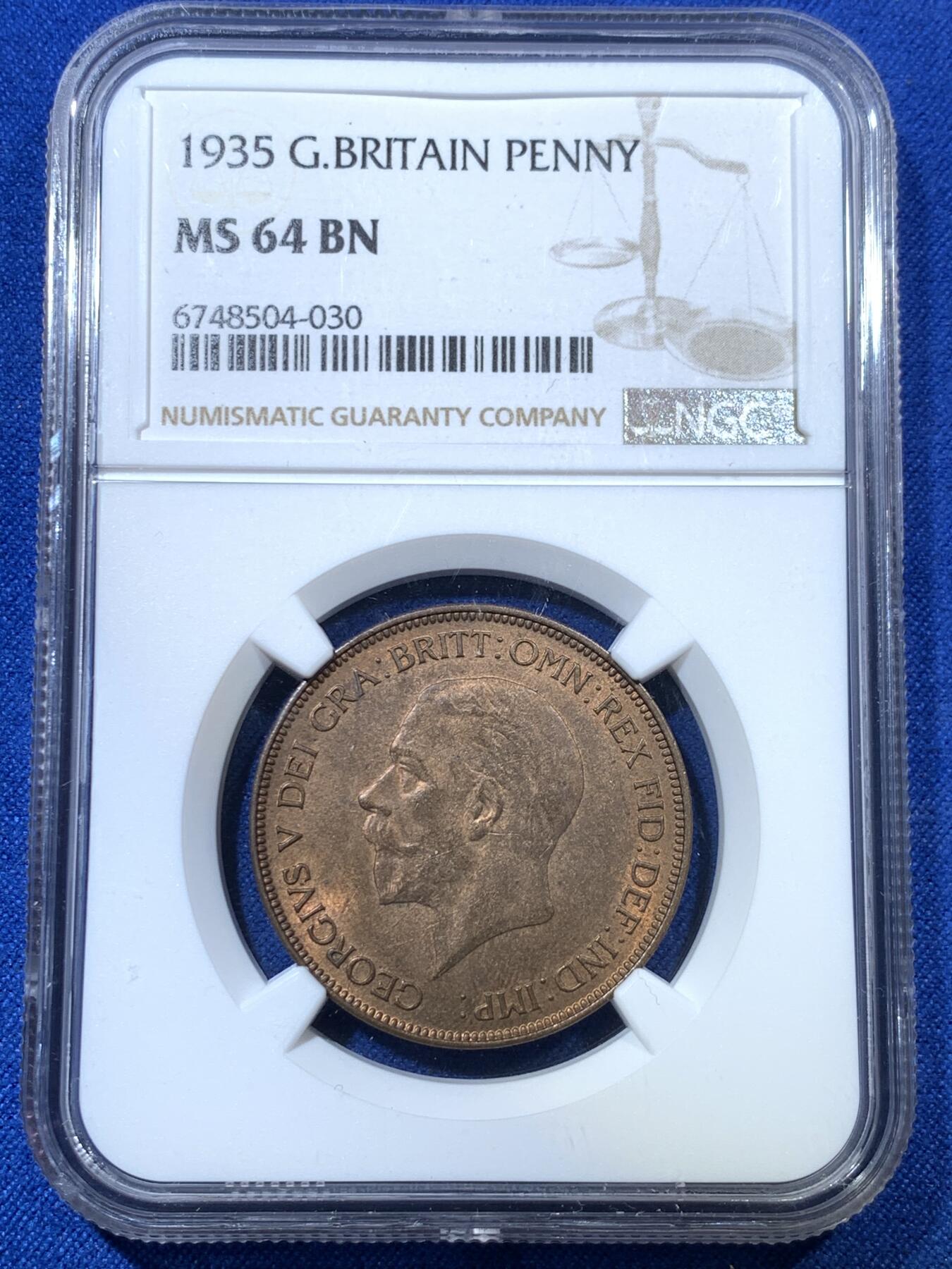 《竞宝斋》第285场- 周日，周一 2场连拍 （全场包邮） NGC MS64BN 英国1935年乔治五世1便士 64的好状态少见