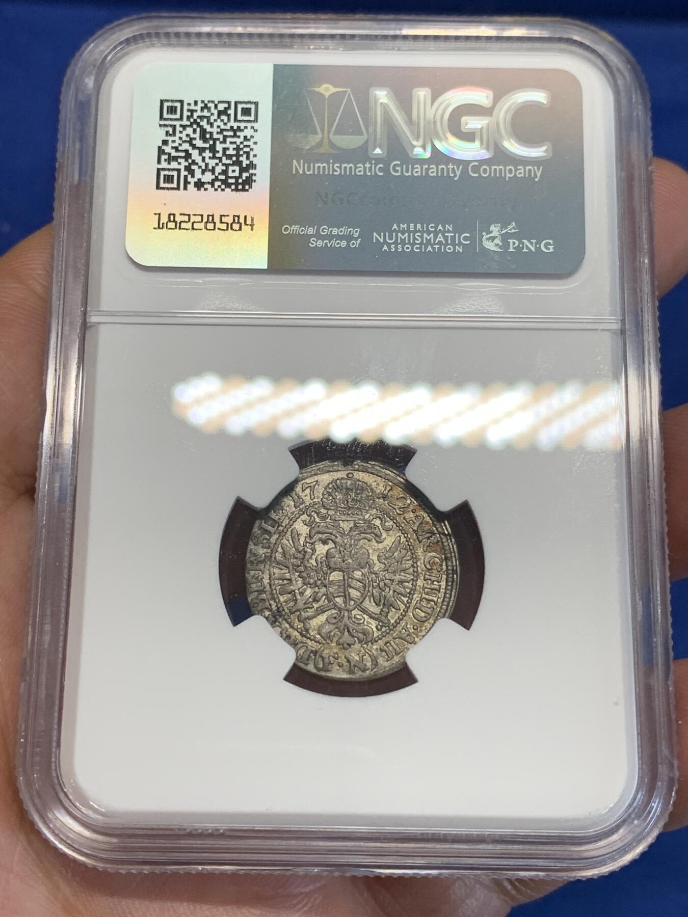 《竞宝斋》第285场- 周日，周一 2场连拍 （全场包邮） NGC AU55 神圣罗马帝国1712年查理六世3克鲁泽银币  稀少的波兰-布雷斯劳造币厂铸造 五彩包浆