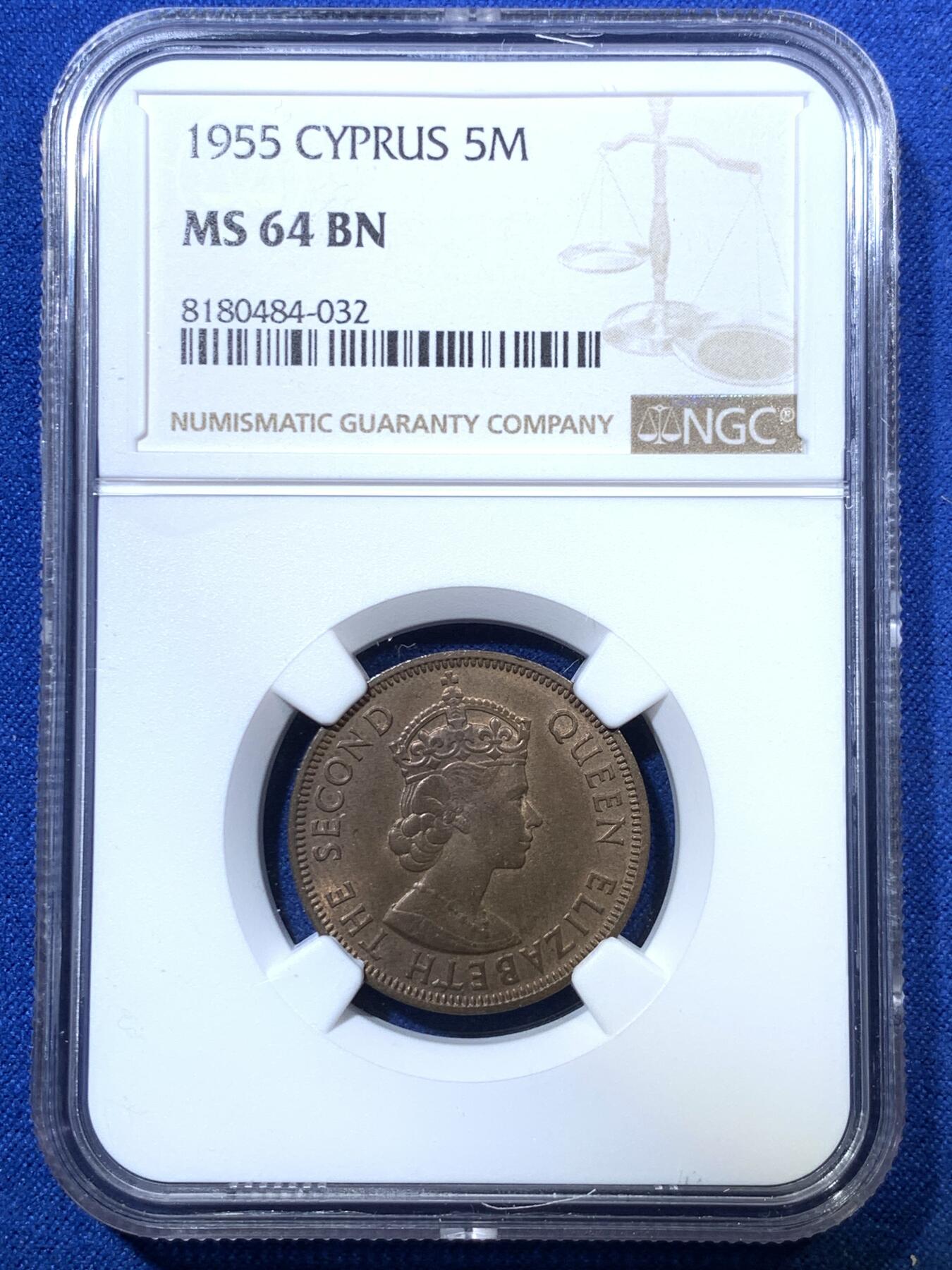 《竞宝斋》第285场- 周日，周一 2场连拍 （全场包邮） 两枚一组 NGC MS66RB&MS64BN 塞浦路斯1955年3米尔&5米尔 两大亮点 3米尔虽然铺天盖地 但是这枚是麦稀奇有史以来最高分 5米尔则罕见 麦稀奇首枚 品相均为一流 实属少见的一对