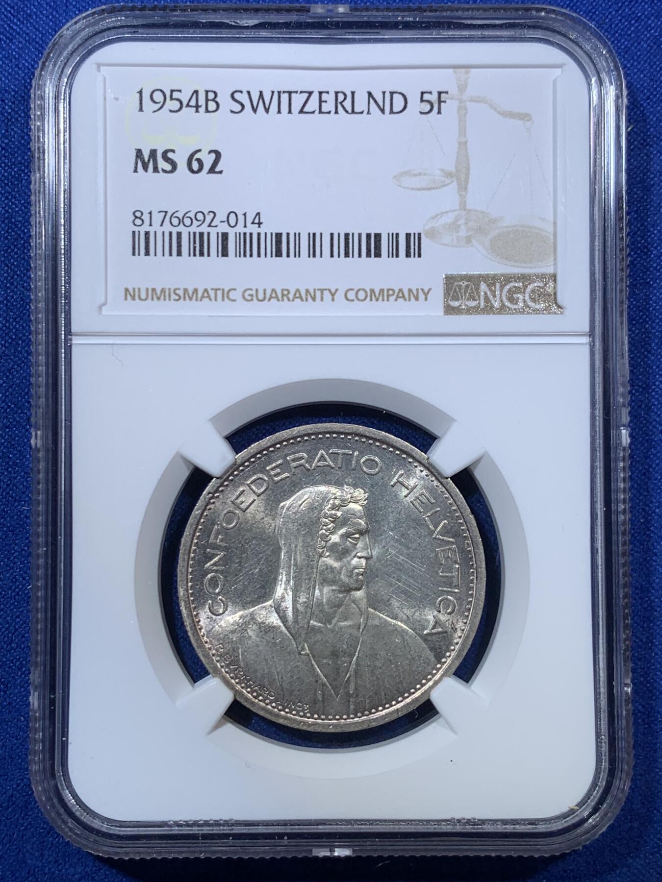 《竞宝斋》第285场- 周日，周一 2场连拍 （全场包邮） NGC MS62 瑞士1954年威廉泰尔5法郎银币