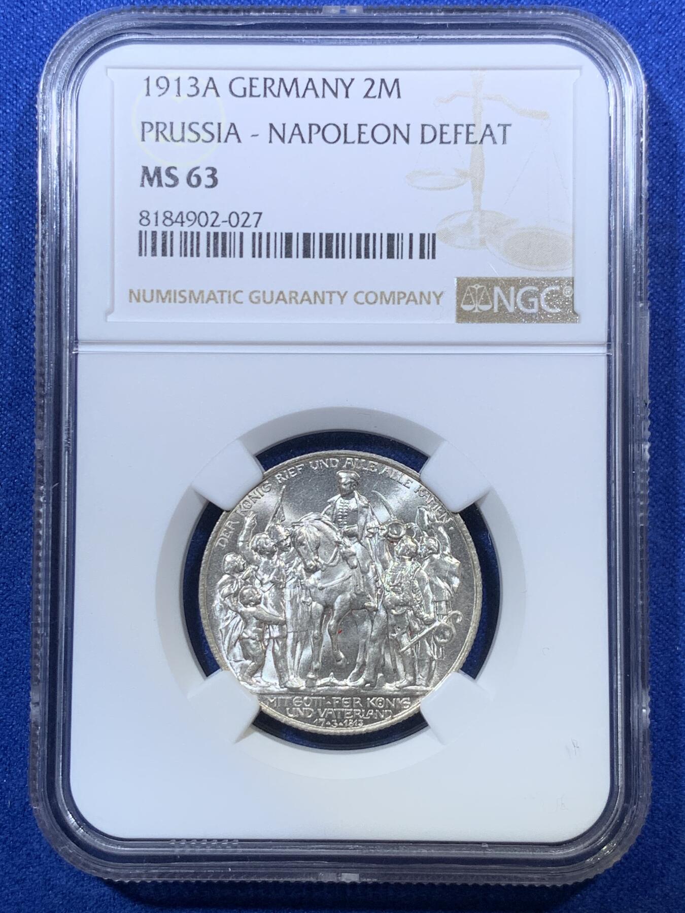 《竞宝斋》第285场- 周日，周一 2场连拍 （全场包邮） NGC MS63 德国1913年普鲁士战胜拿破仑2马克银币