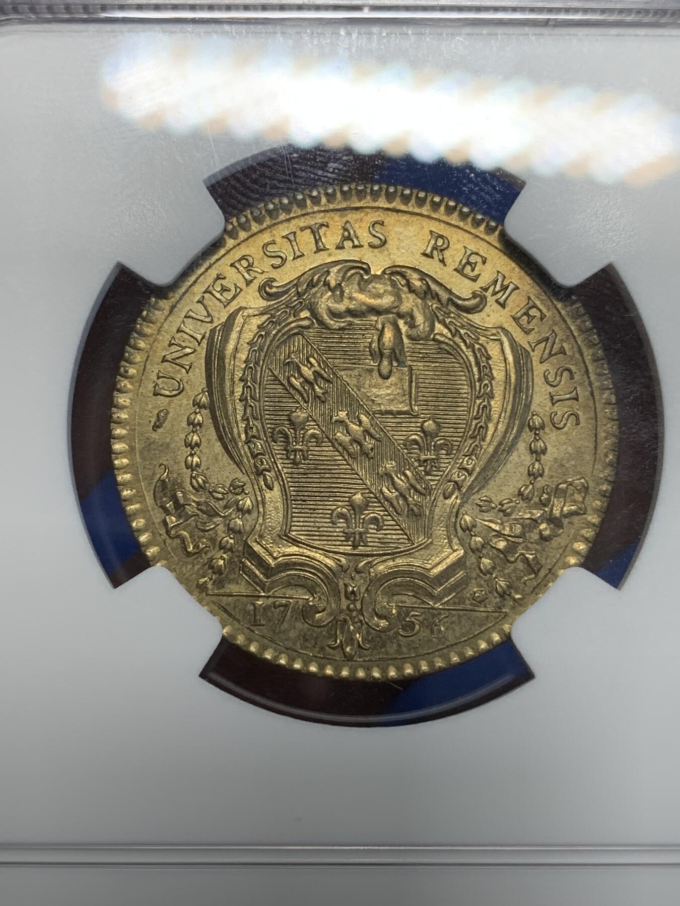 《竞宝斋》第285场- 周日，周一 2场连拍 （全场包邮） NGC MS64RB 法国1756年兰斯大学铜质代币  洛林的查理三世头像  高分收藏品