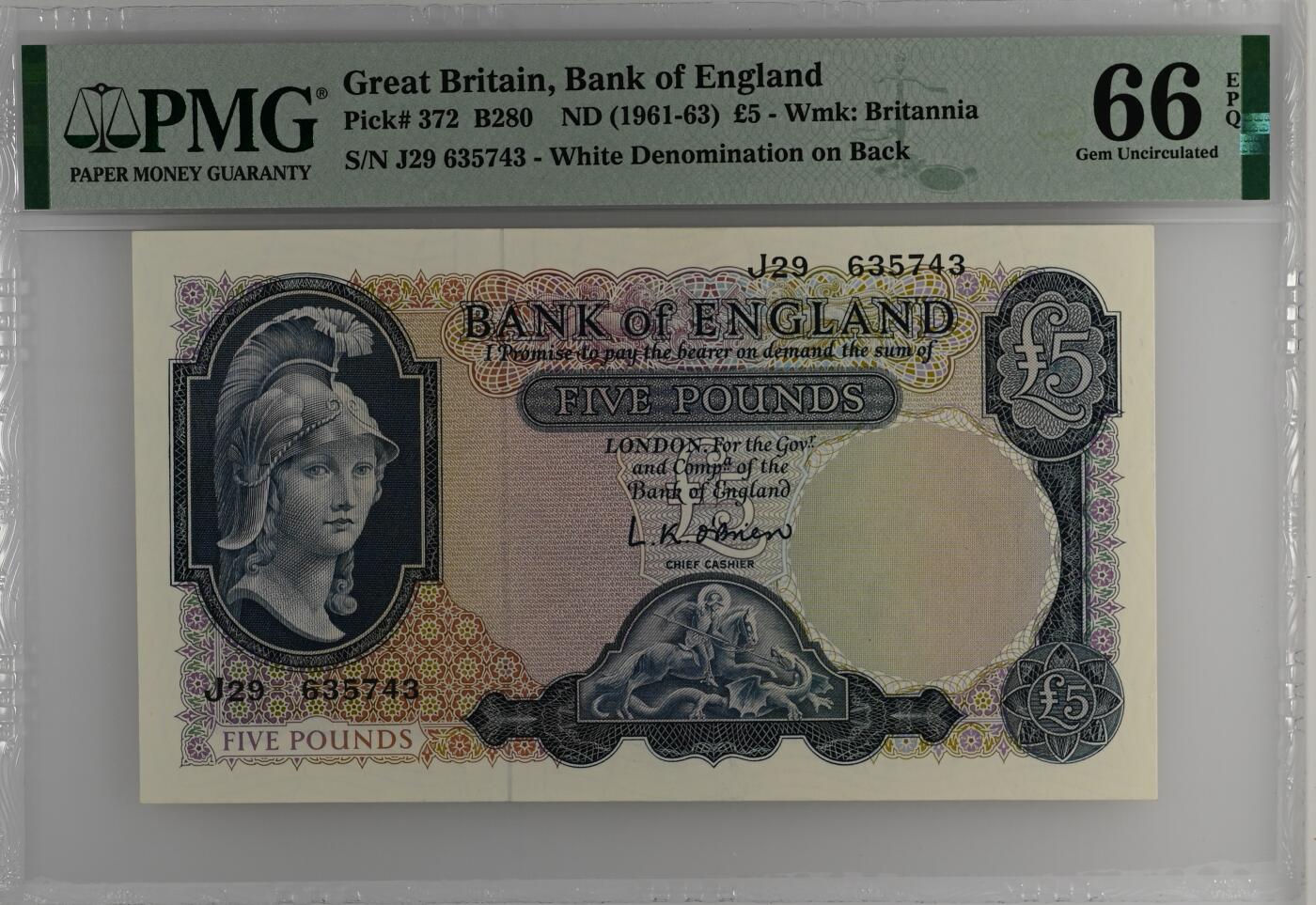 收藏联盟Quantum Auction 第358期拍卖  英国ND (1961-63)年5镑 PMG66 帝国女神