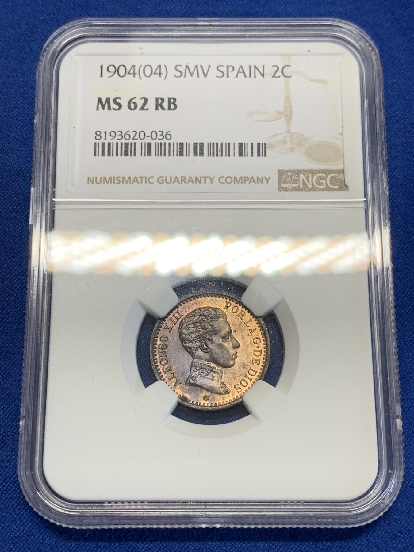 《竞宝斋》第285场- 周日，周一 2场连拍 （全场包邮） NGC MS62RB 西班牙 1904年 阿方索十三世 2分 军装版 铜币