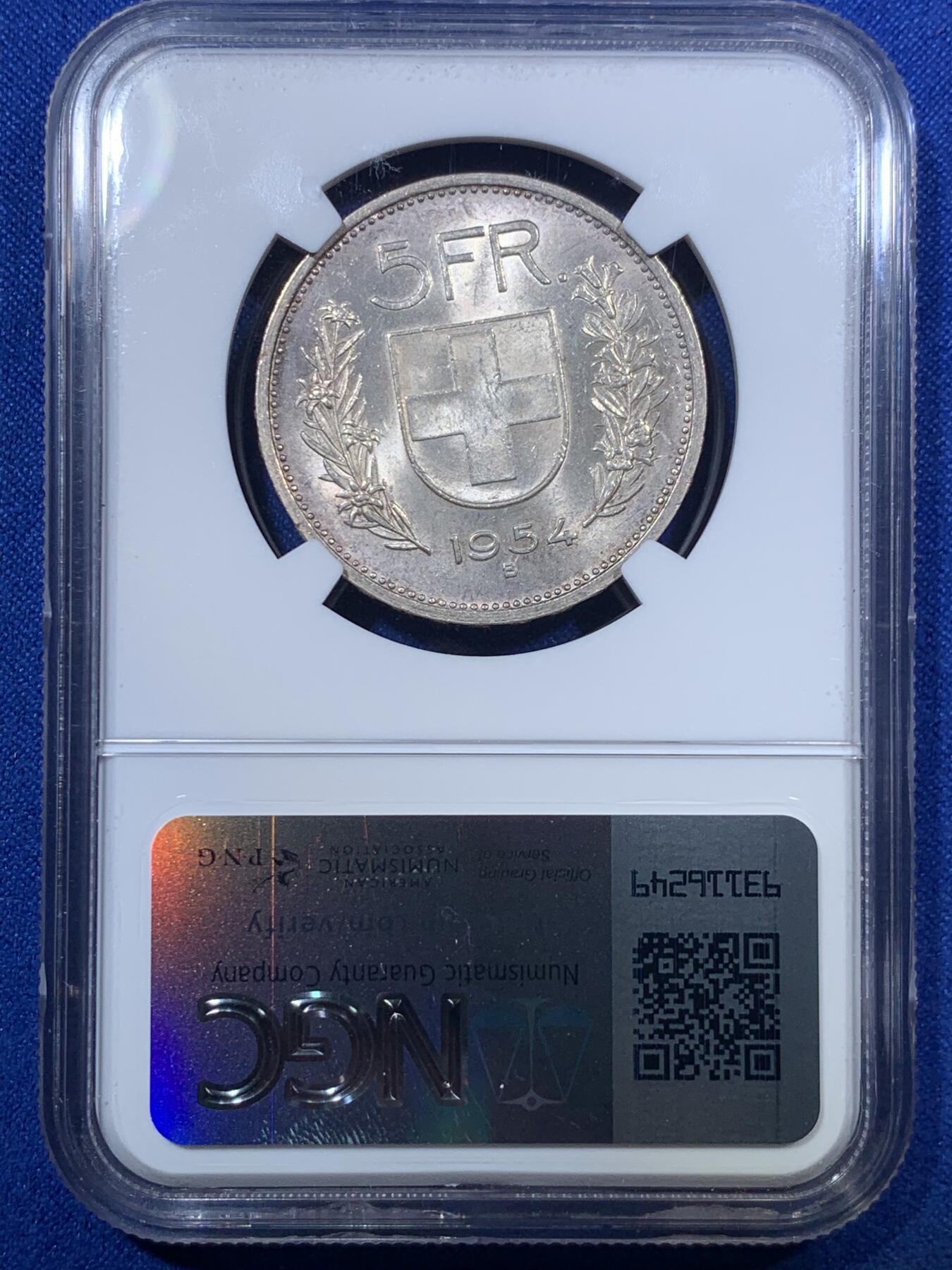 《竞宝斋》第285场- 周日，周一 2场连拍 （全场包邮） NGC MS62 瑞士1954年威廉泰尔5法郎银币