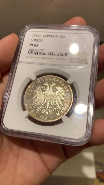 《竞宝斋》第285场- 周日，周一 2场连拍 （全场包邮） NGC PF65 德国1912A吕贝克精制3马克 亚军分 更高评级的只有1枚