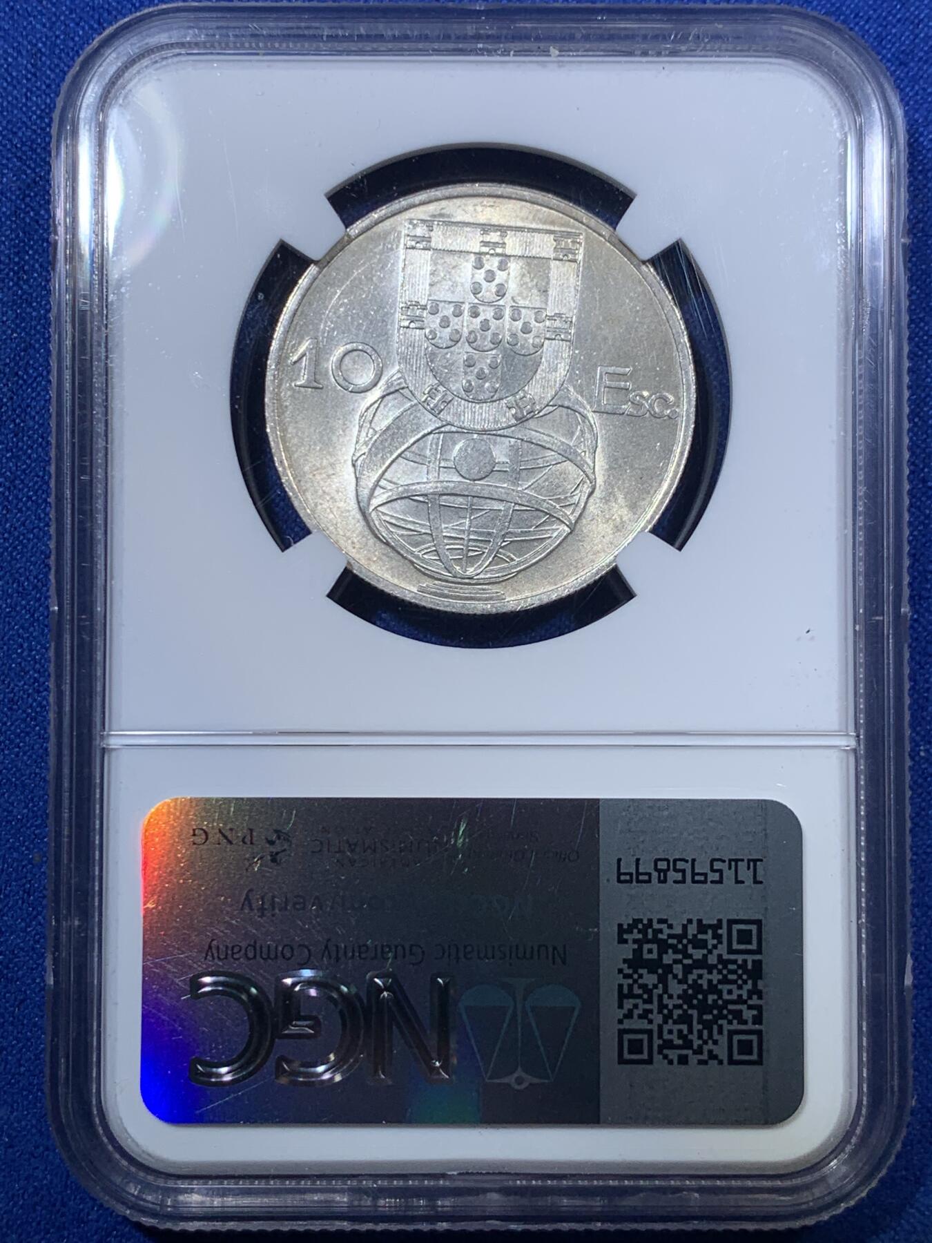 《竞宝斋》第285场- 周日，周一 2场连拍 （全场包邮） NGC MS64 葡萄牙1954年大帆船10埃斯库多银币