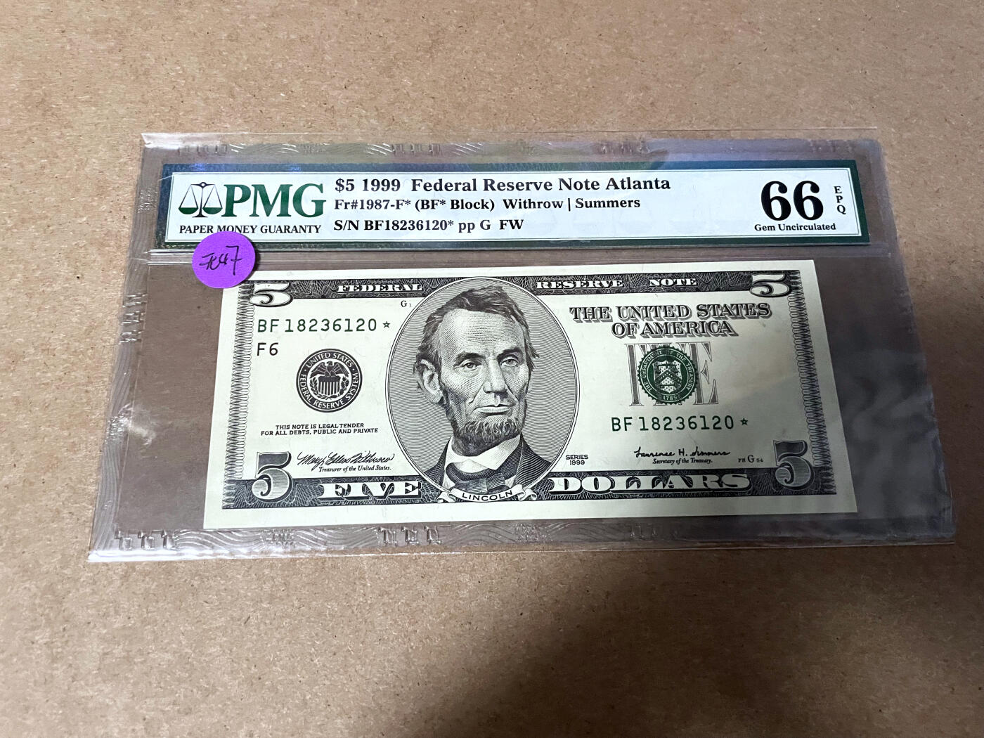 【Blue Auction】✨世界纸币精拍第499期【精】 【补号无47】美国 1999年5美金 PMG66EPQ 