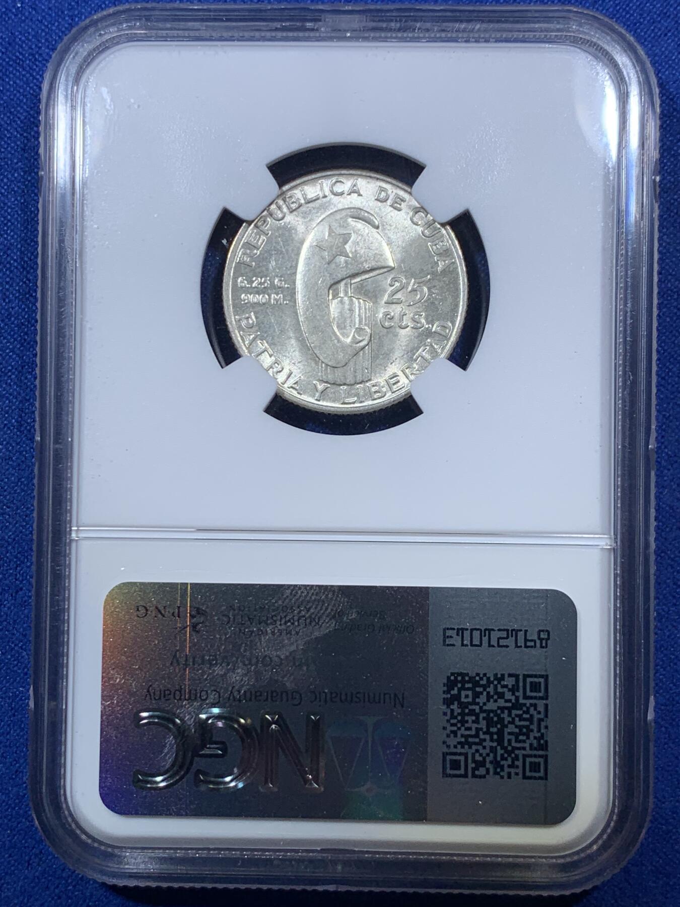 《竞宝斋》第285场- 周日，周一 2场连拍 （全场包邮） NGC MS63 古巴1953年何塞马丁百年纪念25分银币